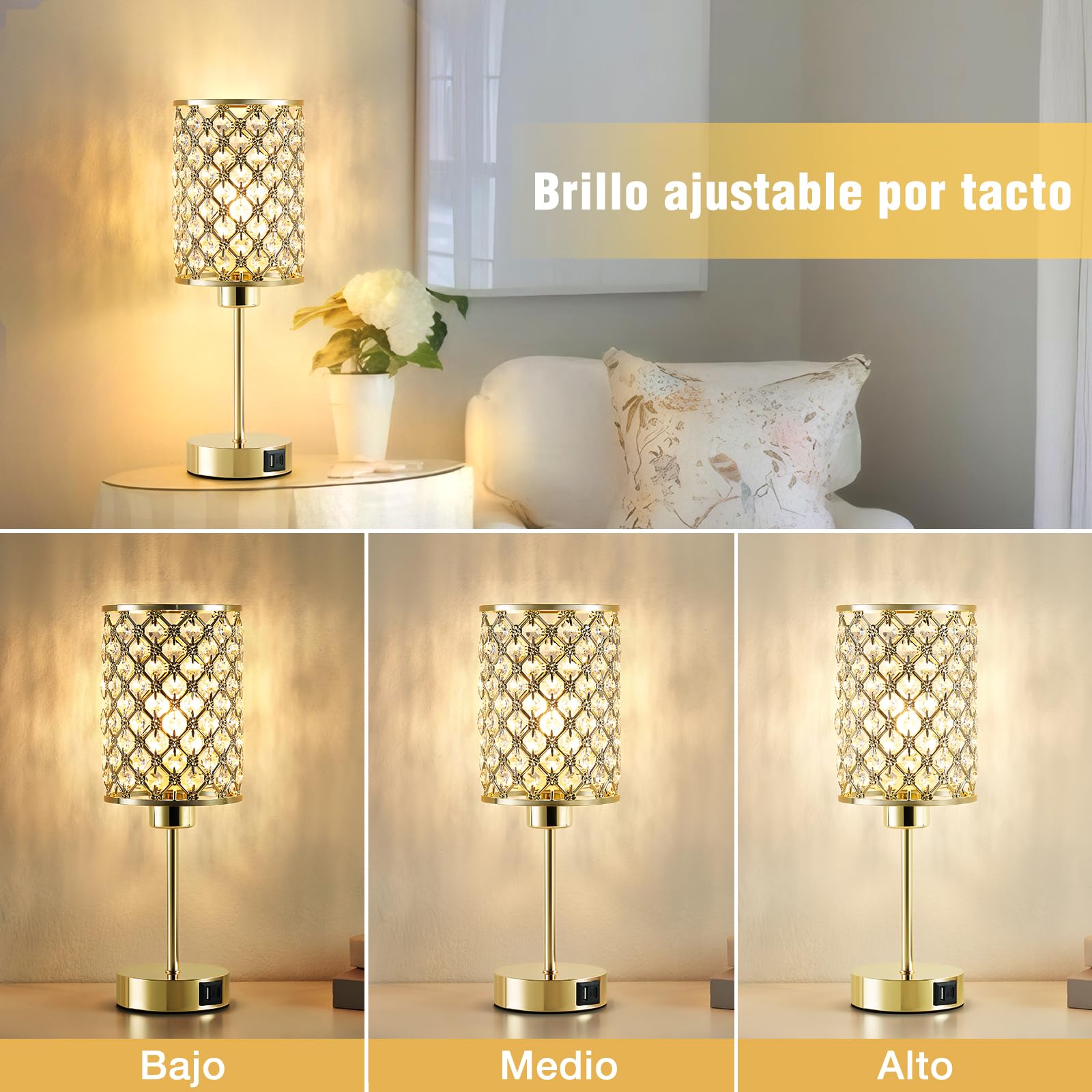 GyroVu Lámpara de mesa de cristal, lámpara táctil dorada para mesita de noche con puertos USB C+A, lámpara regulable en 3 niveles con pantalla de cristal, lámpara pequeña para dormitorio