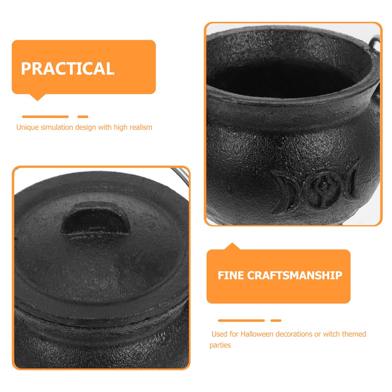 DOITOOL Mini caldero de hierro fundido con tapa y asa, olla de bruja de Halloween de 4 pulgadas con tapa para decoración de Halloween o quema de incienso (luna trifásica)