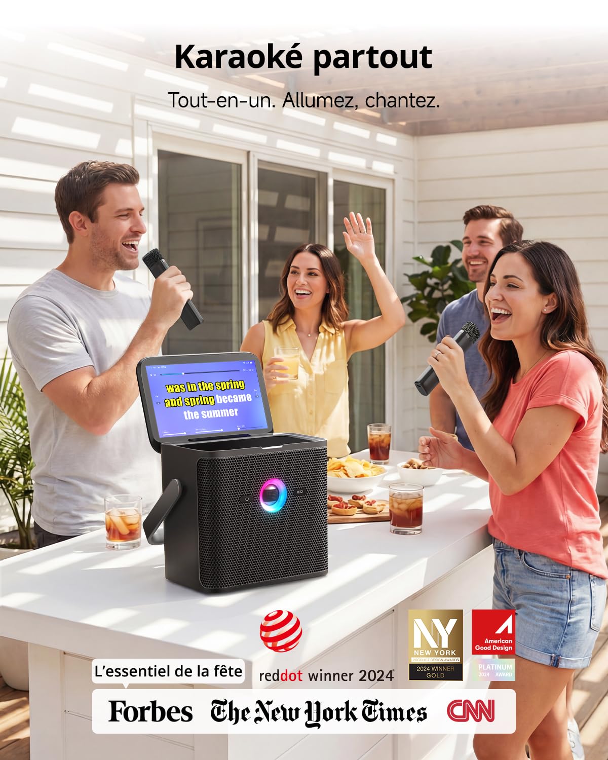 Machine de karaoké Ikarao pour adultes et enfants, avec écran d'affichage des paroles, connexion WiFi à YouTube et à l'application de karaoké, 2 microphones sans fil EQ Autotune, système PA de karaoké