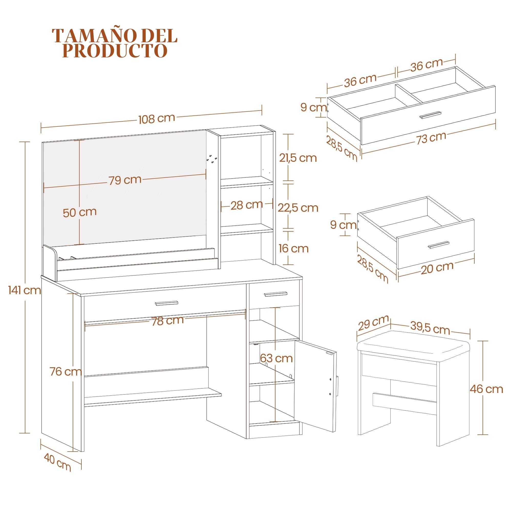 HEXCELEN Tocador con Taburete, Tocador de Maquillaje con Espejo y Luces LED con Brillo Ajustable, Mesa de Maquillaje, 2 Cajones, 4 Compartimentos y 1 Armario, 40 x 108 x 141 cm Blanco