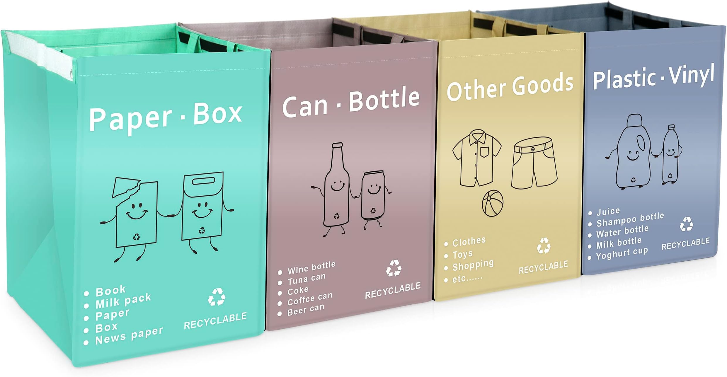 Recycling Waste Bin Bags, Recycle Bin, Trash Sorting Bins Organizer Baskets 36 Gallon for Kitchen Home, Reusable Waterproof Compartment Container, Pack of 4 Bags