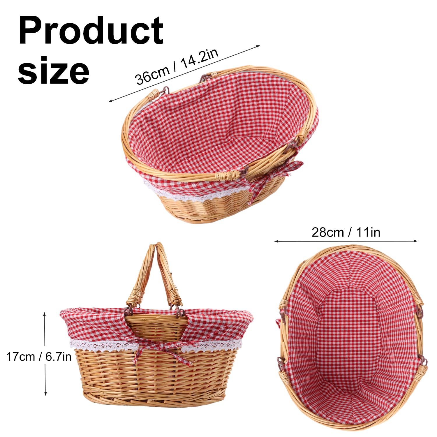 GNIEMCKIN 1 cestino in vimini da 35,5 cm con manico, cestino da picnic in vimini con fodera a scacchi, cestino ovale in vimini intrecciato per frutta, vino, matrimoni, picnic