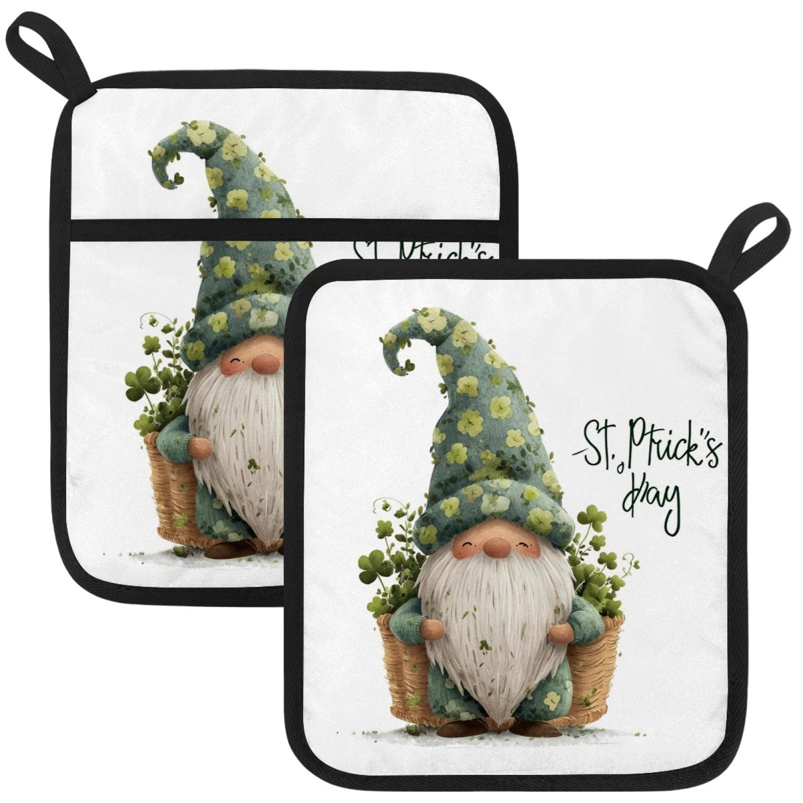 VAPOKF St. Patrick's Day Gnome Kitchen Hot Pot Holder, Pot Holders Heat Resistant Pot Holder with Pocket Heat Resistant Trivets for Hot Pans Cotton Pot Mitts for Kitchen Cooking Baking