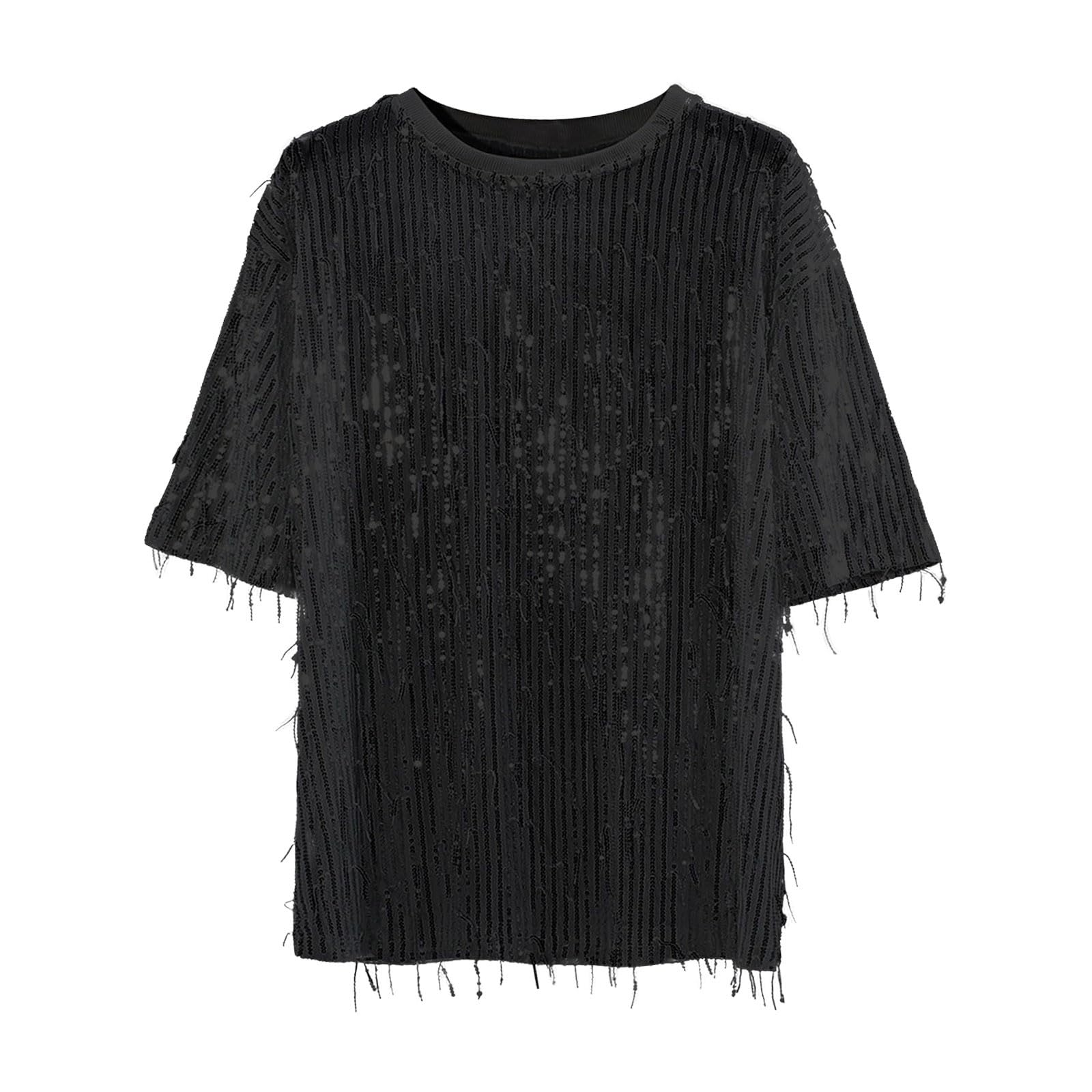 Generico T Shirt Uomo Cotone Slim Fit Maglia Magliette da Elastico Undershirts Seamless Regular Traspirante Maglietta a Maniche Corte Casual con Decorazioni Frange e Paillettes per Giornalieri