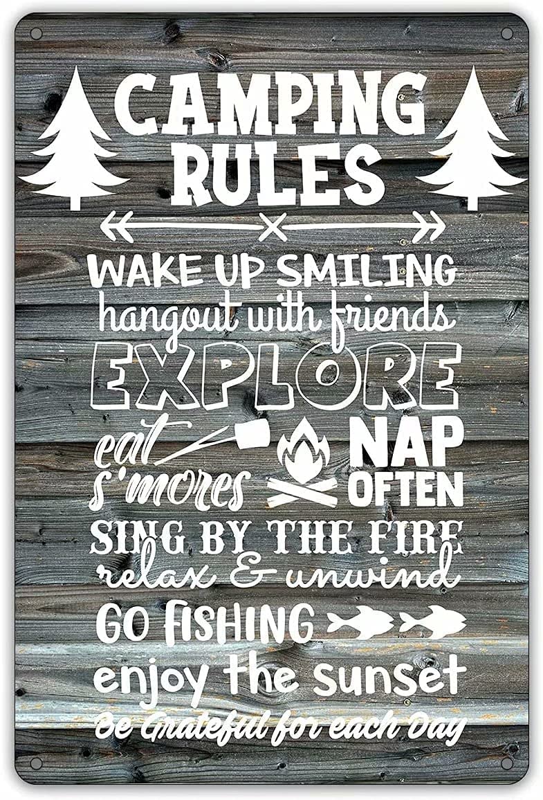 rayprint Retro Camping Rules Metal Sign Vintage Outdoor Signs Wall Decor Funny Tin Signs Club Cafe Bar Home Decorations Art Poster 8x12 Inch