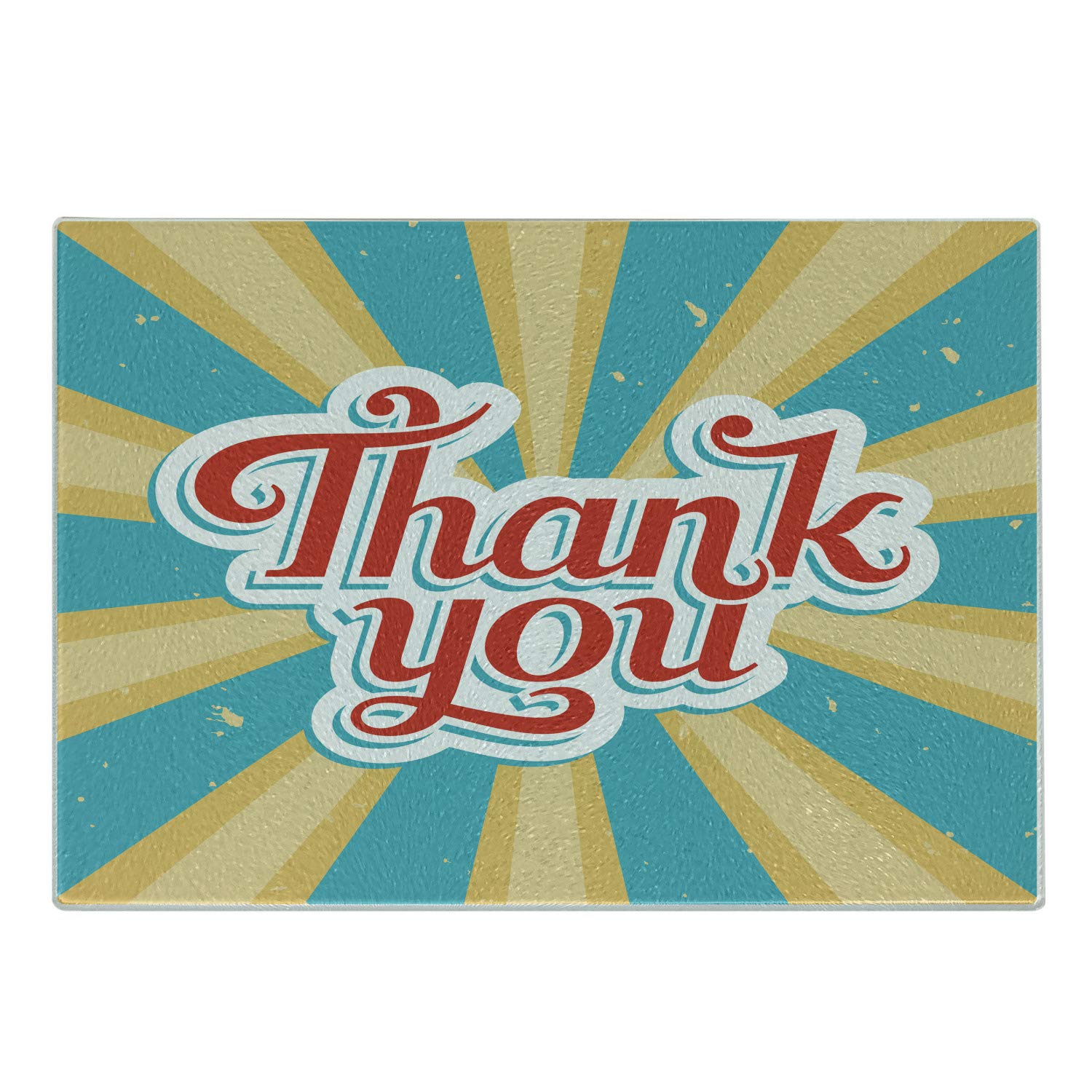 Lunarable Old Fashioned Calligraphy Cutting Board, Retro Vintage Antique Look Thank You Sun Rays Sunshine, Decorative Tempered Glass Cutting and Serving Board, Small Size, Red Yellow Turquoise