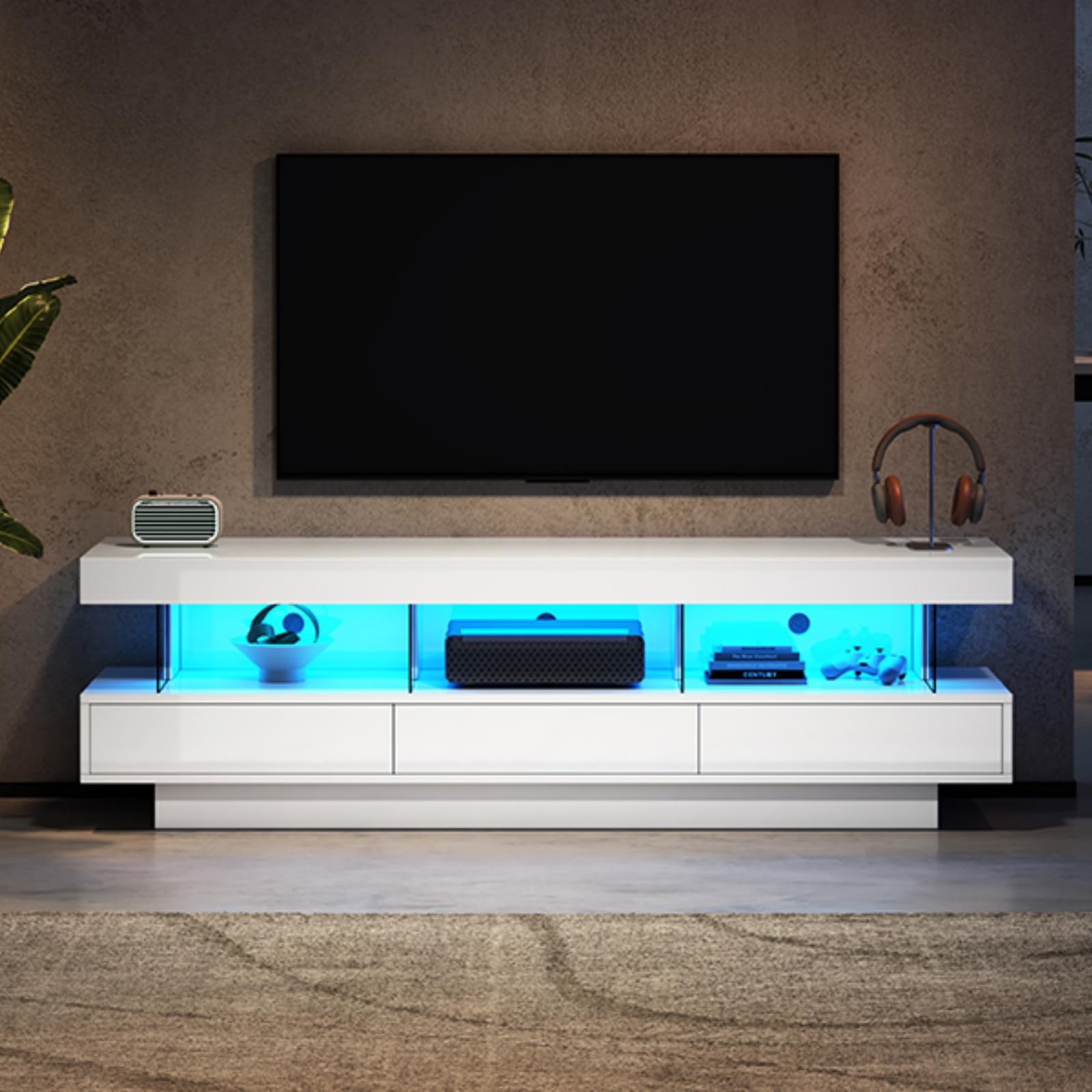 YEHTOKHOME Meuble TV LED 160 cm, Meuble TV avec 3 Tiroir, 3 Étagères en Verre, LED RGB Contrôlable par App Bluetooth, Supporte Télé 70 Pouces, Style Moderne pour Salon (Blanc-1)
