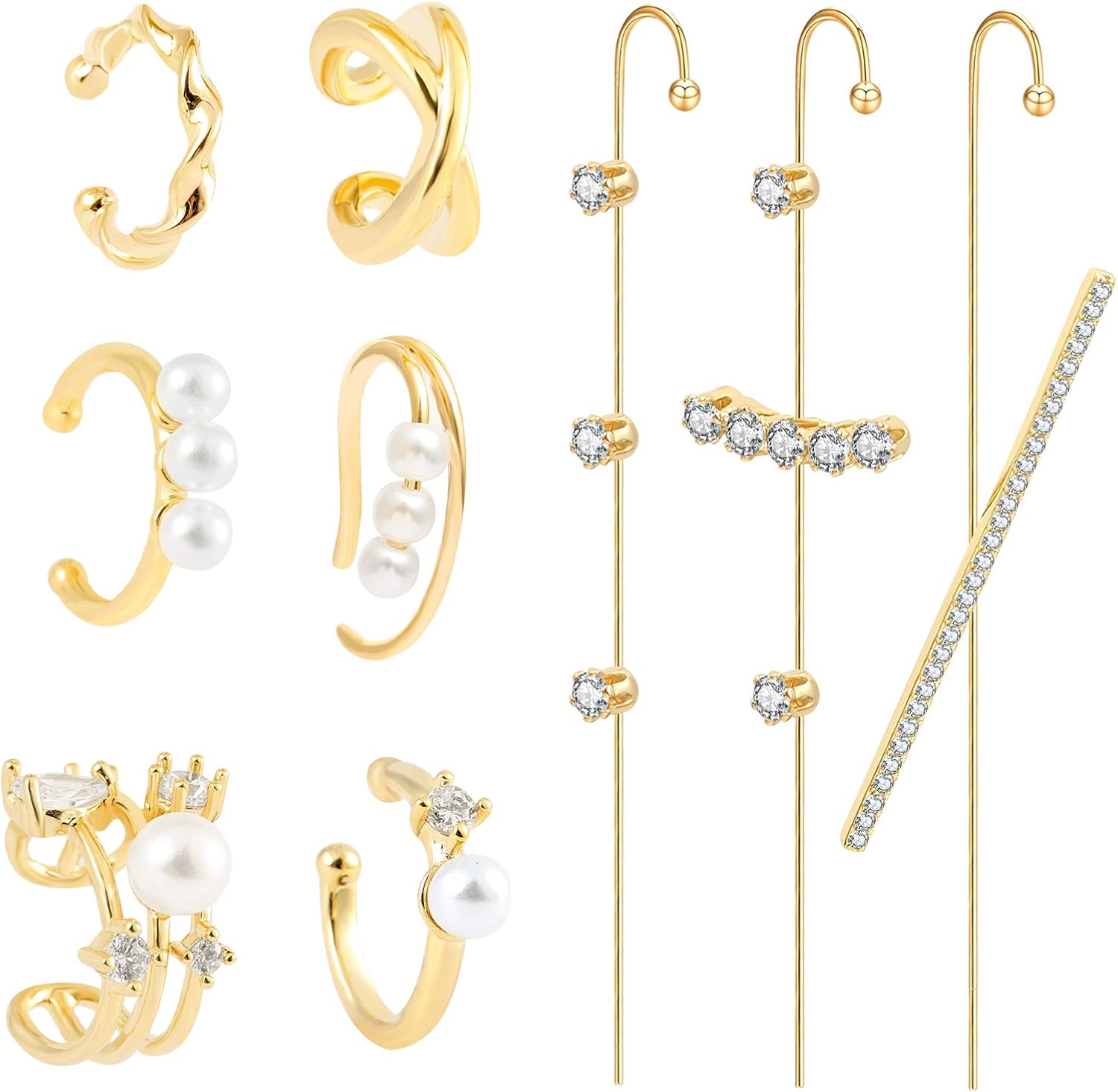 Ear Wrap Earrings - Elegant Crystal Craved Gold-tone Crawler Hook Earrings Classic Rhinestone Piercing Ear Cuff for Women Girls Wedding Delicate Wire Needle Studs Earrings