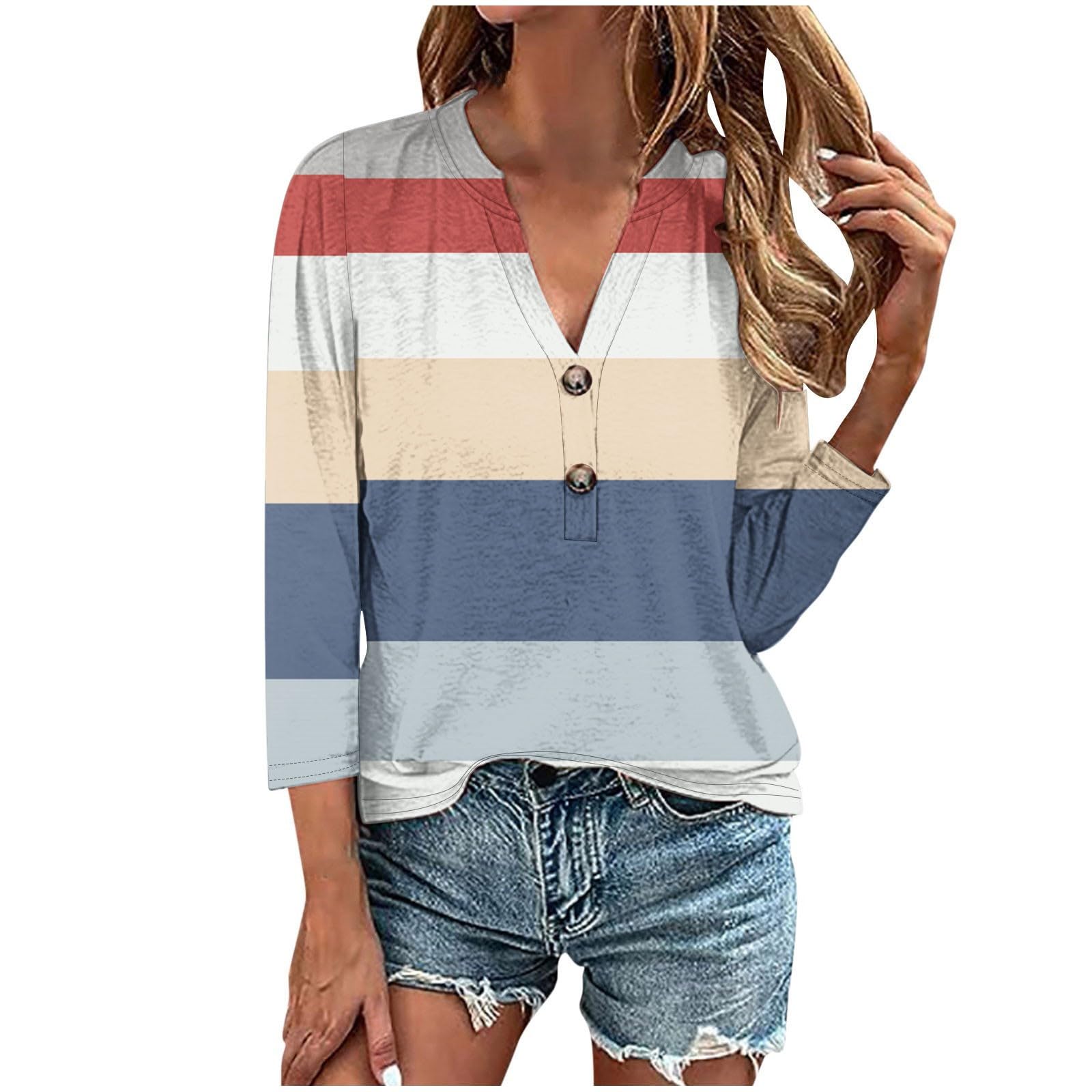 Ladies Tops UK 2024 Trendy V Neck Floral Printed T-Shirt Casual Button 3/4 Sleeve Blouse Comfy Dressy Classic Fit Shirts Summer Women's Fashion Elegant Tee Shirt