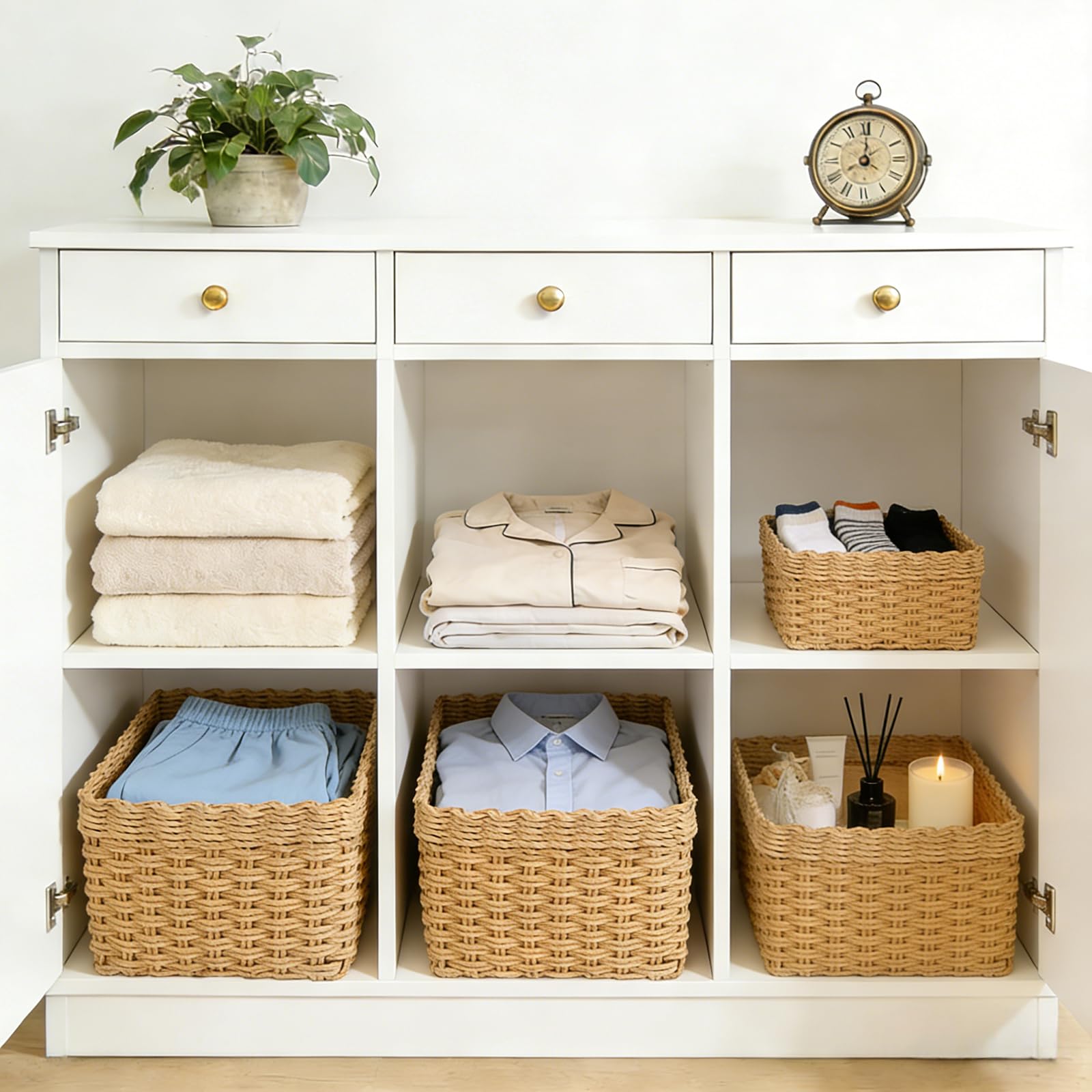 Panier Rangement, Lot de 4 Paniers de Rangement Tressés, Corbeilles Empilables Paniers et Boîtes de Rangements, pour Jouets, CD, Cosmétique, Langes Coton Bébé, Câble de Charge, Décor Maison