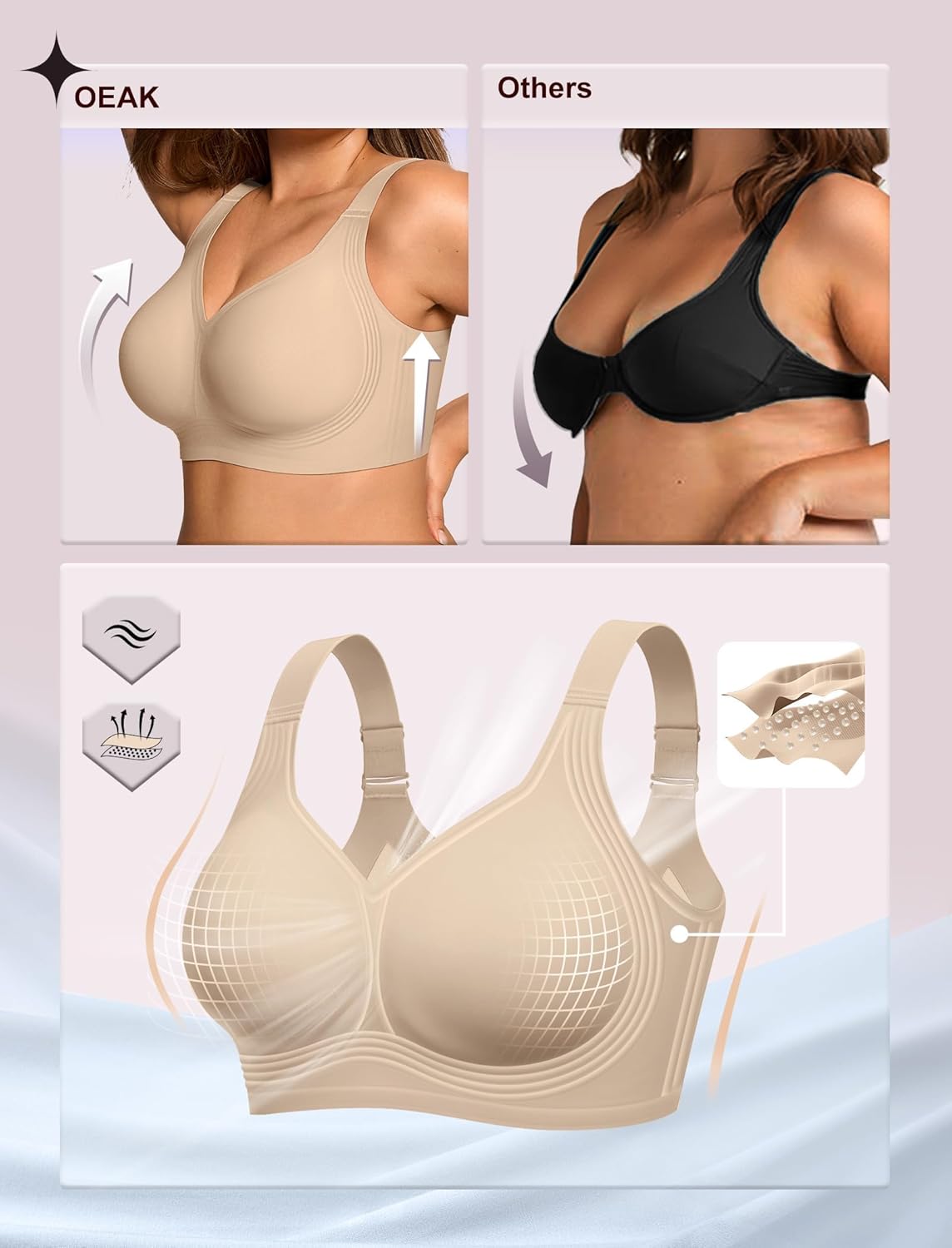 OEAK Womens Wireless Jelly Bra Plus Size Supportive Seamless Bras Full Coverage Push Up Comfortable No Underwire Tshirt Bras 4XL Creamy Beige - Image 4