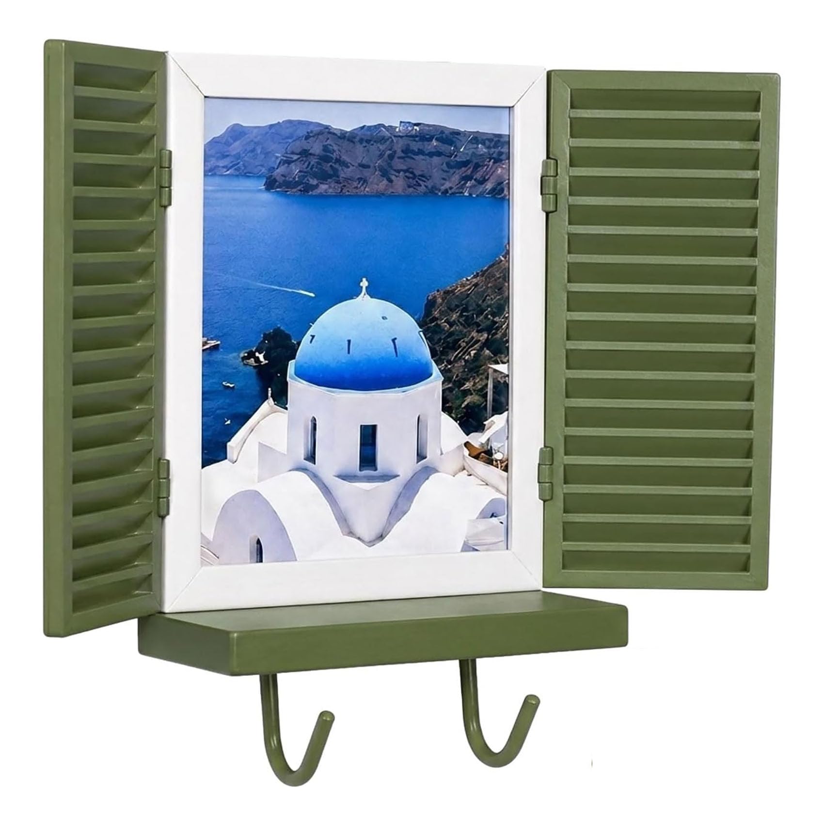 Mediterranean Window Photo & Key Holder, Personalized Photo Key Holder & Hooks, Wall-Mounted Rustic Shutter Organizer with Floating Shelf, Home Decor for Entryway, Hallway, Living Room (Green)