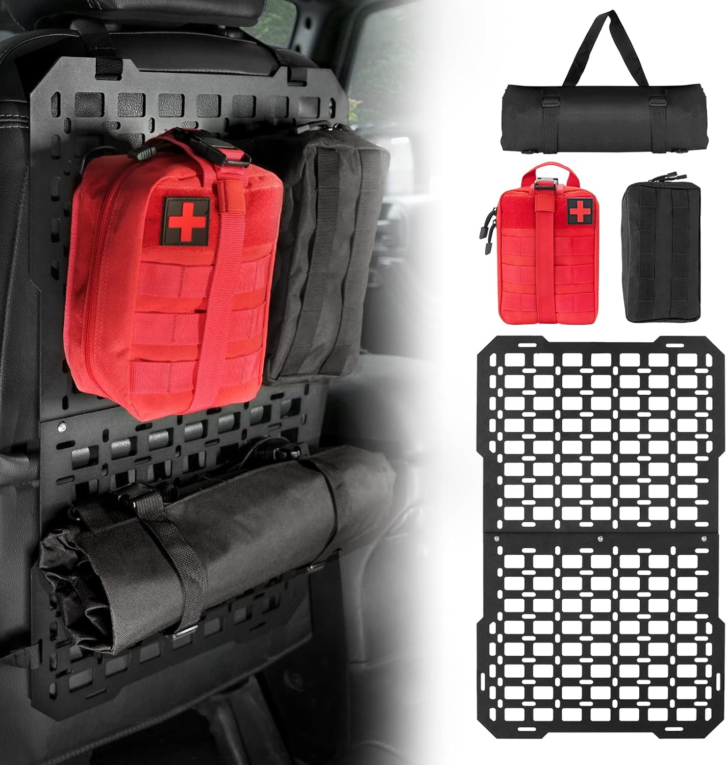 Car Organizer Back Seat – Tactical Seat Back MOLLE Panel with MOLLE Pouches, Universal Car Modular Storage Organizer for Vehicle