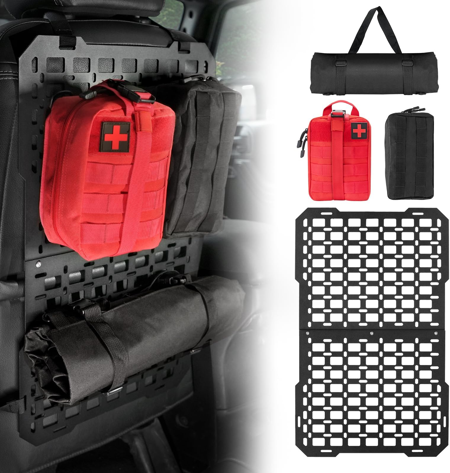 Car Organizer Back Seat – Tactical Seat Back MOLLE Panel with MOLLE Pouches, Universal Car Modular Storage Organizer for Vehicle