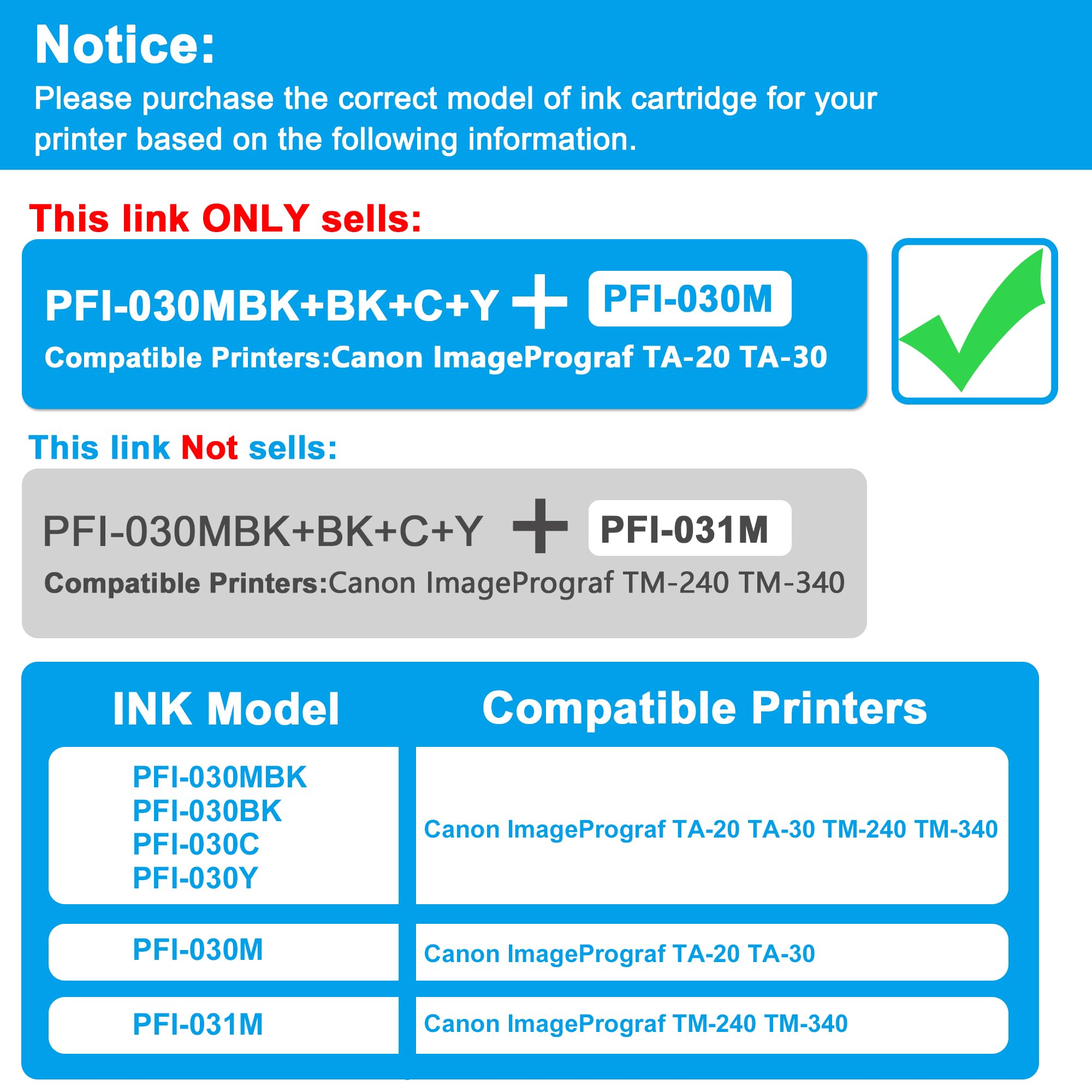 LCL PFI-030 Cartuccia d'inchiostro compatibile PFI030 PFI-030 PFI-030MBK PFI-030BK PFI-030C PFI-030M PFI-030Y (MBK+KCMY) Sostituzione per Canon ImagePrograf TA-20 ImagePrograf TA-30
