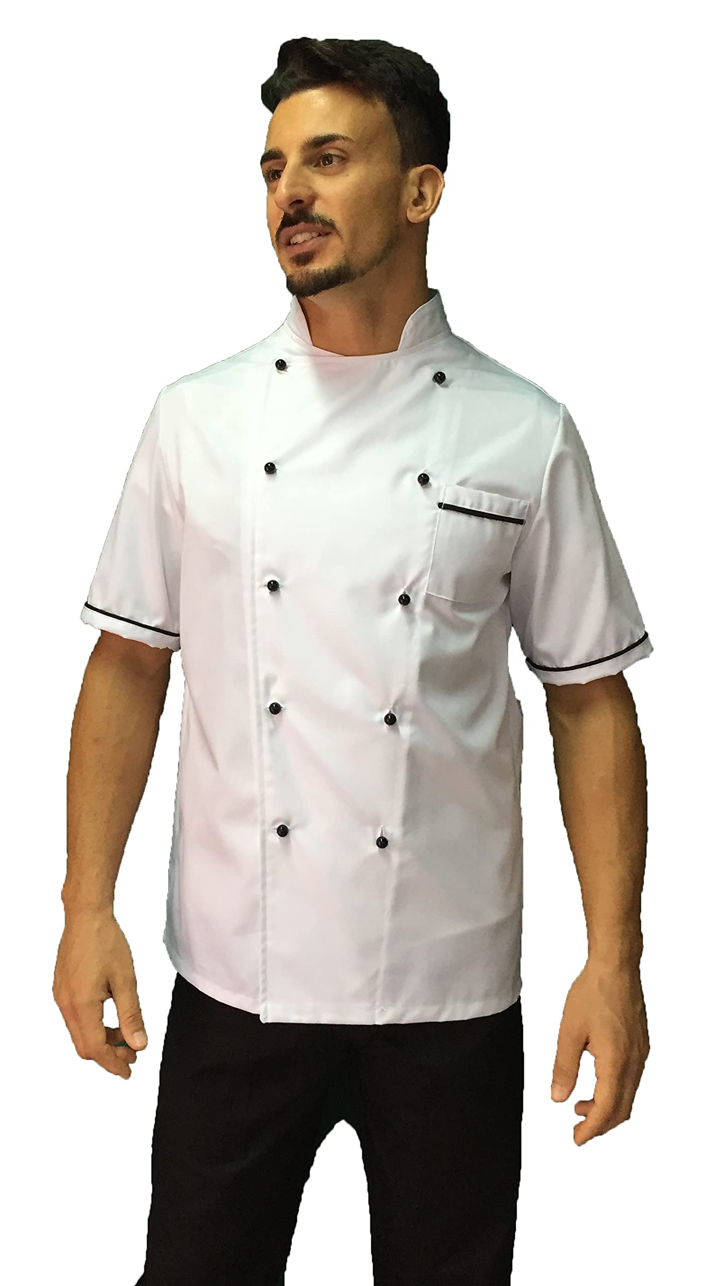 Ricamo Gratuito Completo cocinero hombre - blanco/negro - Divisa Chef manga corta - Chaqueta, pantalón y delantal - Uniforme para cocina y restaurante, Blanco Negro (M/C), XXXXL