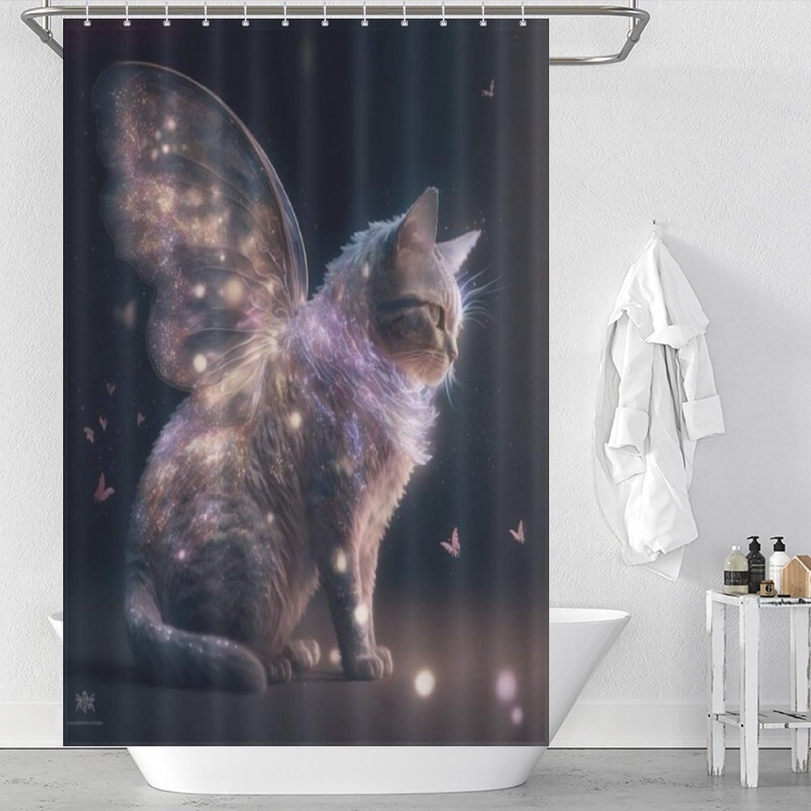 Rideau de douche chat en tissu imperméable lavable 122x183cm avec 12 crochets