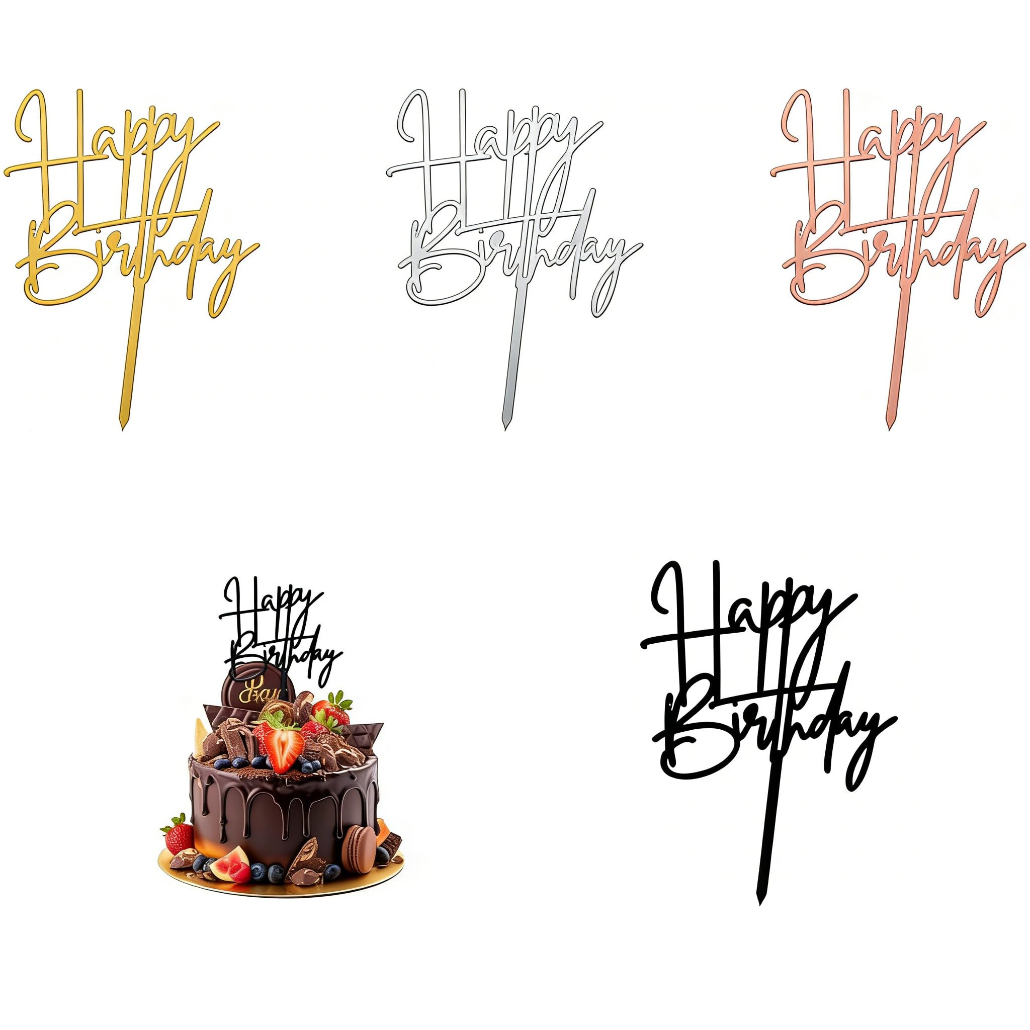 Acrylic Cake Toppers for Birthday - Set of 4 Non-Toxic Reusable Cake Decorations with Multi-Color Options for Party Celebration