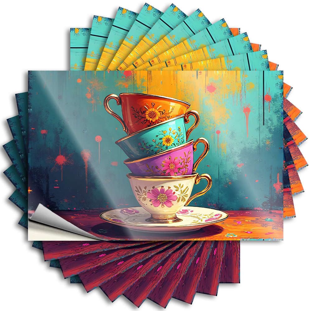 Tattoos - Crazy Cover Floral Teacups Stacked Artistically. for Coffee Farmhouse Outdoor Decor(8X12CM)