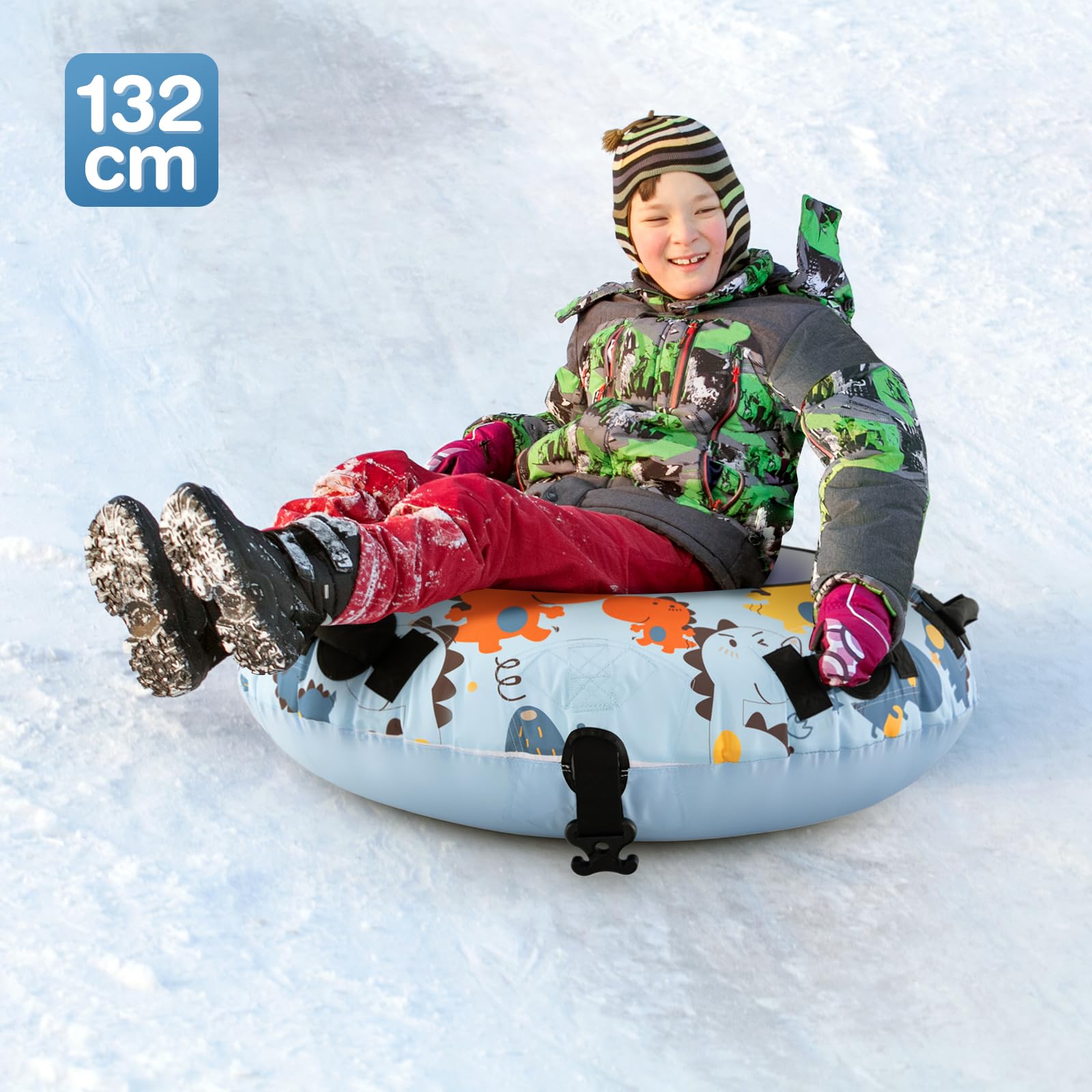 GOPLUS - Trineo para nieve hinchable, 132 cm, trineo resistente al frío con funda Oxford, fondo grueso, 4 asas acolchadas, gancho de correa de remolque, trineo inflable para niños y adultos
