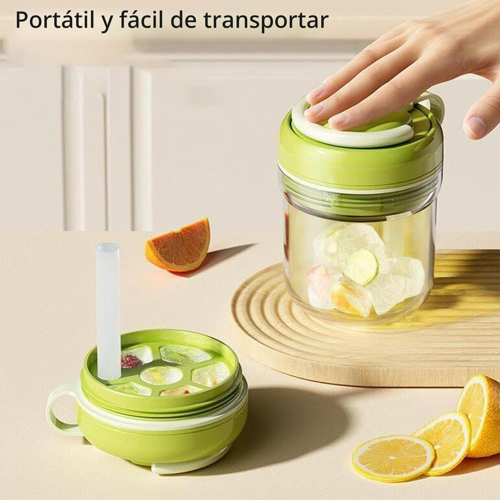 Máquina de hielo portátil 2 en 1, incluye una bandeja de hielo integrada con prensa, fácil de limpiar, ideal para café helado, cócteles, whisky y zumos de frutas (Green)