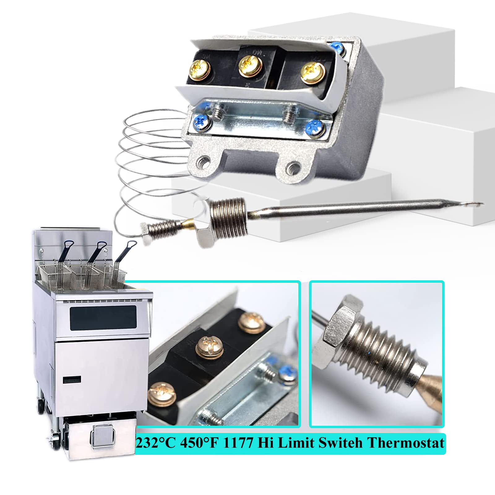 Interruptor de freidora de termostato de alto límite 1177 para freidora de 3/8 pulgadas, caja de cosas Mpt de 232.2 °C LCCM2003000, compatible con ATOSA 301030005, Imperial, Robertshaw, etc