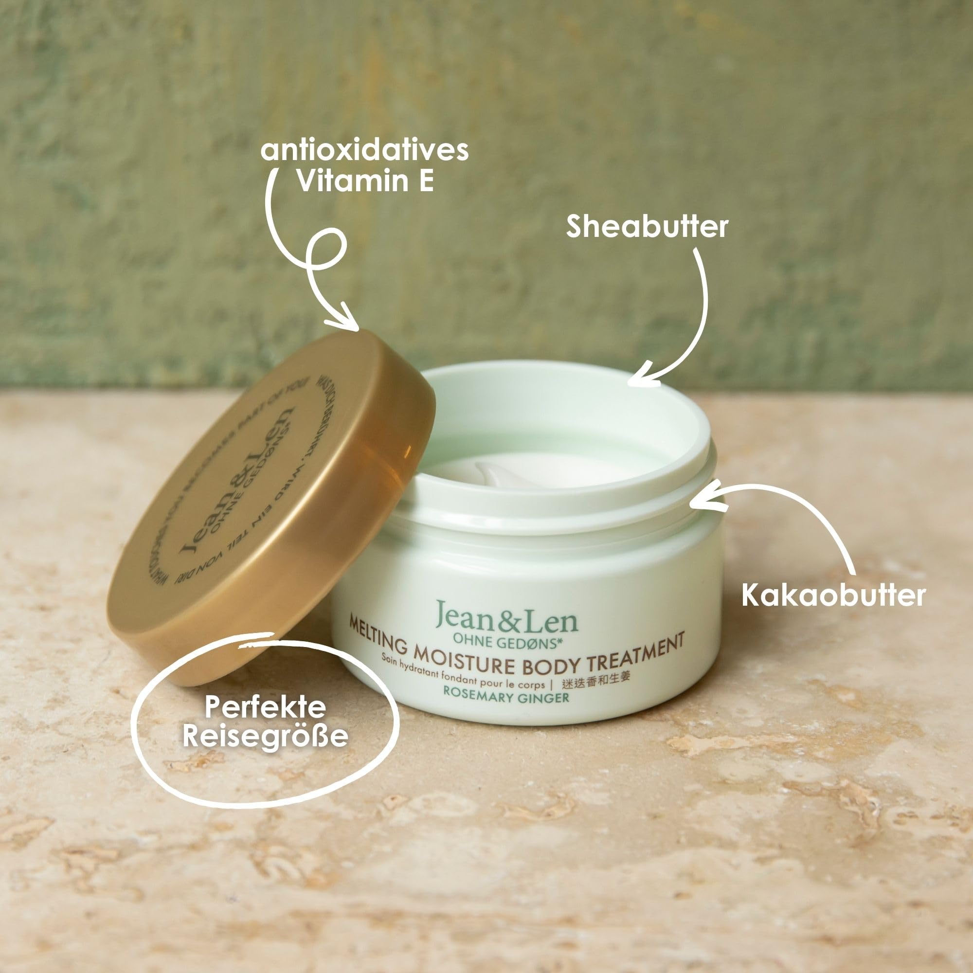 Jean & Len Melting Moisture Body Treatment Rosemary & Ginger, dla pachnących rezultatów pielęgnacji, do skóry normalnej, wysokiej jakości tygiel, pielęgnujące masło do ciała, 50 ml