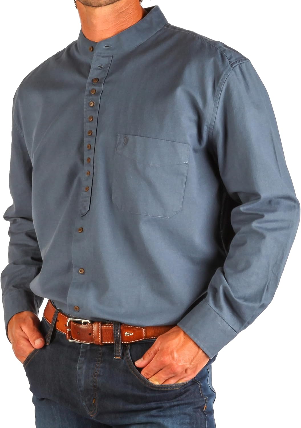 The Celtic Ranch Collarless Shirt for Men, Irish Grandfather Cotton Linen Long Sleeve Button Down Banded Collar Dress Shirt