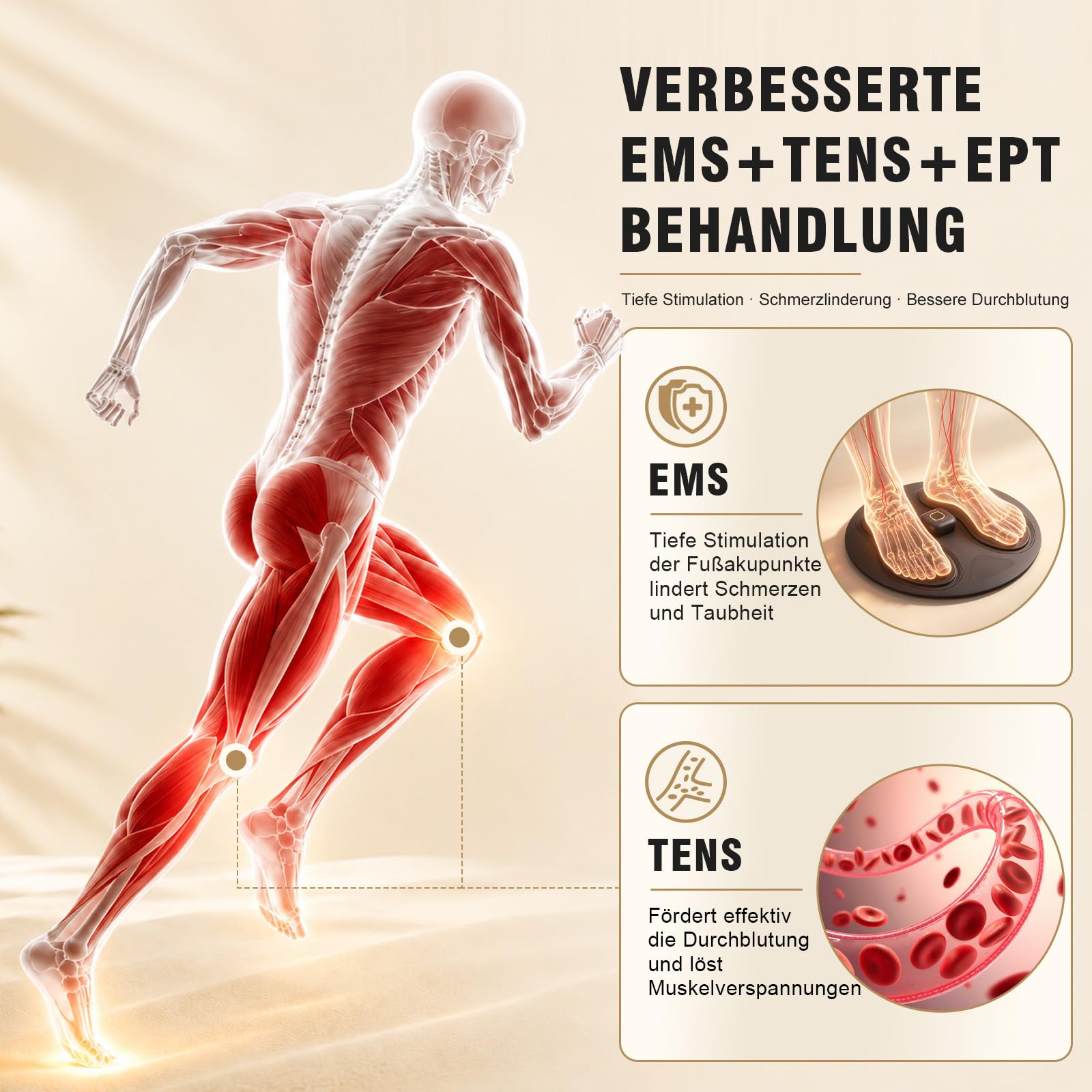 EMS & TENS Fußmassagegerät Durchblutungsstimulator, 10 Modi 20 Stufen, Wasserdicht Silikon-Fußpolster, leicht zu reinigen Leicht zu transportieren Durchblutung verbessern und Neuropathie