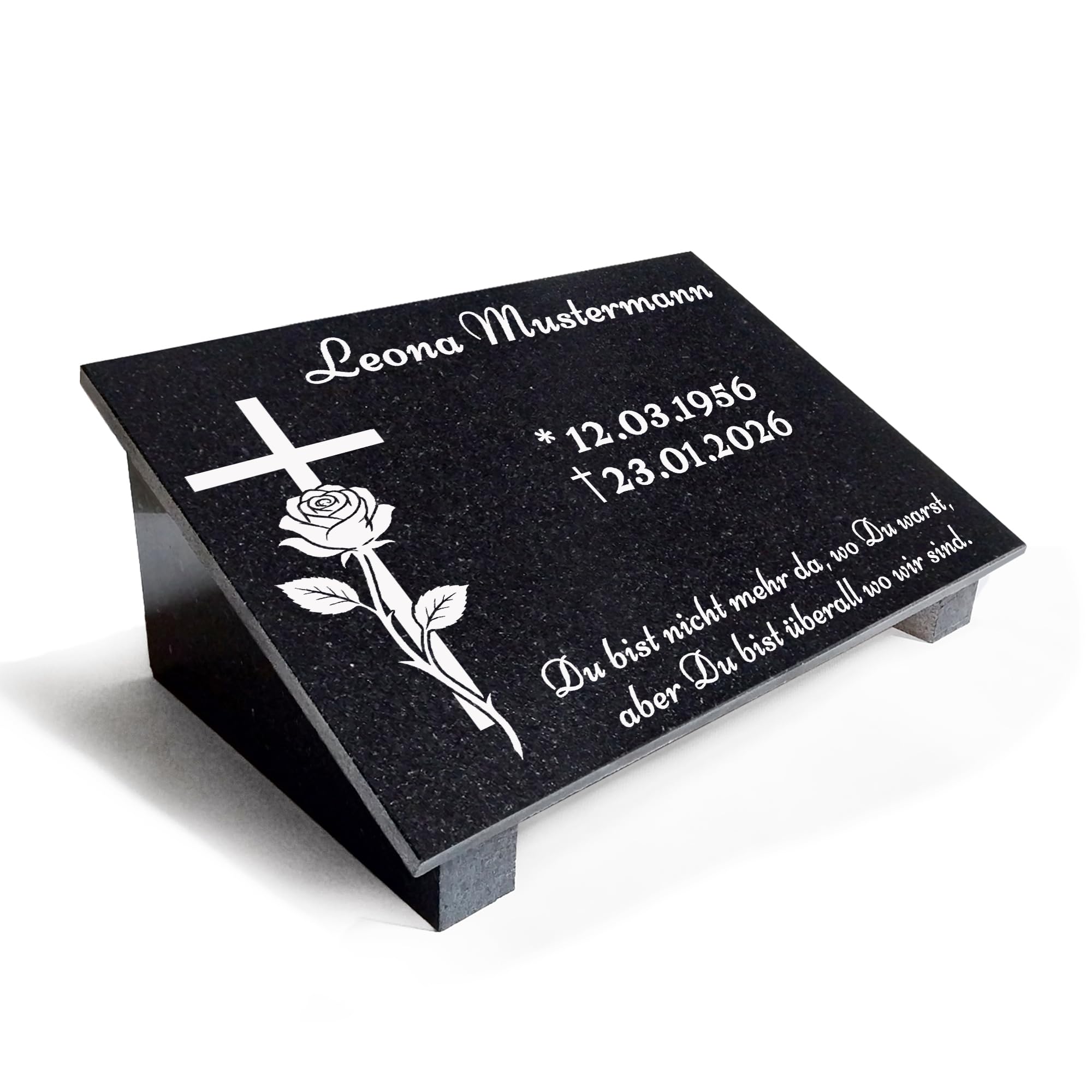Generisch Grabstein Motivauswahl aus zertifizierten Granit mit Gravur – direkt vom Steinmetz, 3cm Massive Stützen, personalisiert, wetterfest Urnengrab Grabtafel (MB33, 40x30x1cm mit Stützen)