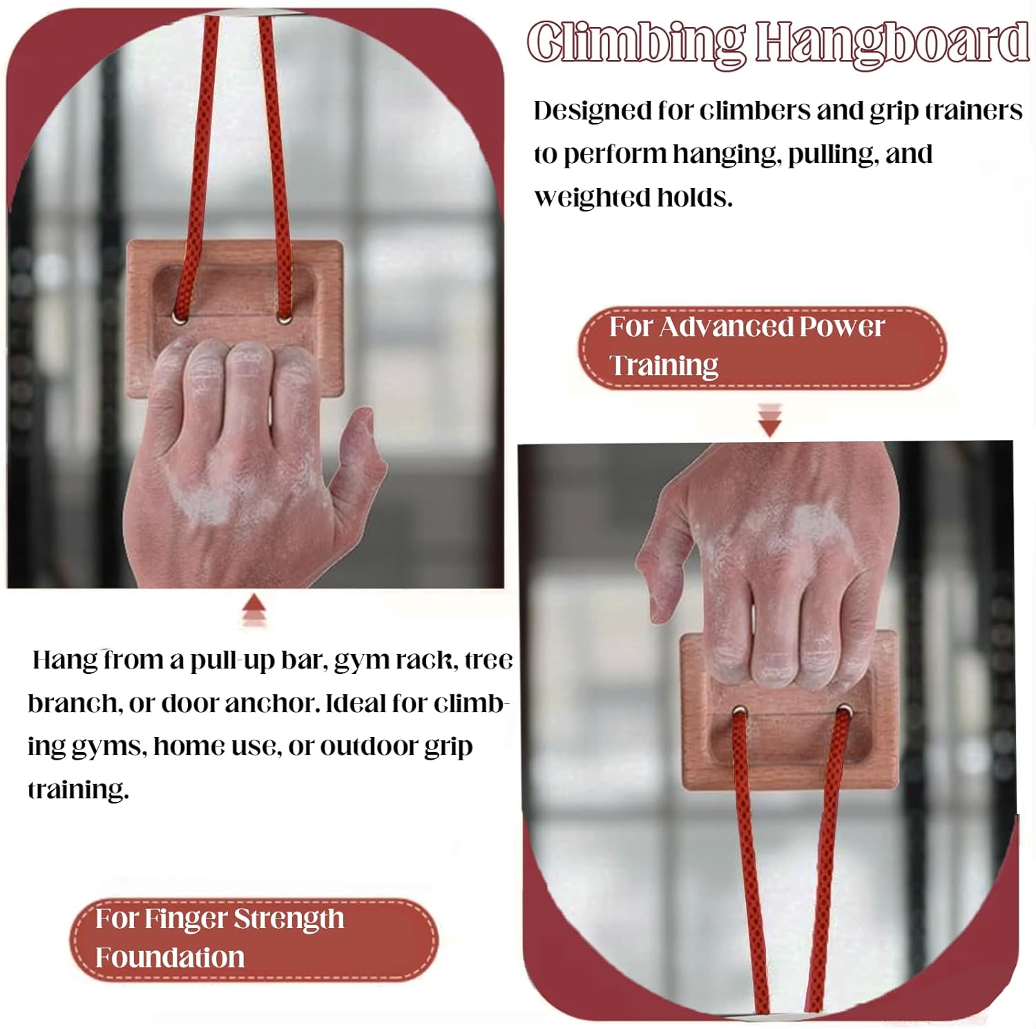 Portable Hangboard, Climbing Hangboard, Dual-Pocket Grip Blocks for Finger Strength, Power, and Forearm Training, Adjustable Rope and Metal Clips Included