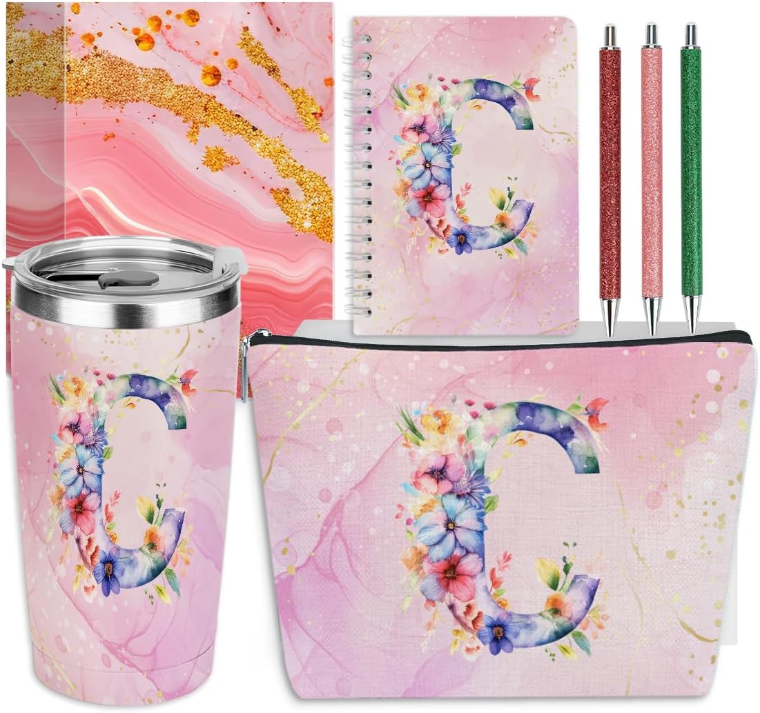 Personalized Gifts Monogrammed Birthday Gifts for Women, Cowerker Wife Sister Wedding Christmas Initial 20 oz Tumbler, Makeup Bag Cup Ballpoint Pens Journal Notebook 6 Set, (Aesthetic Pink Flower C)