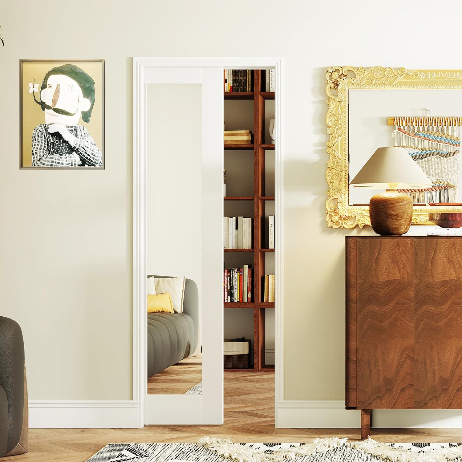 Sliding Pocket Door, 24" x 80" Pantry Doors, 1-Lite Mirror Panel with Frame and Hardware Kit Set, Interior & Closet Single Finished Door Slab, White Primed