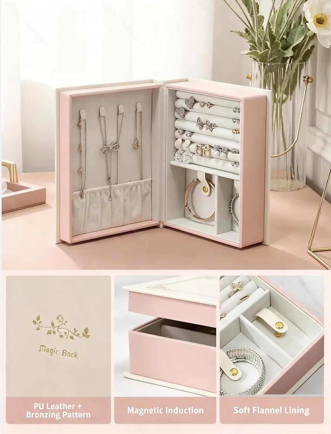 Travel Jewelry Organizer Box Book Style, PU Leather Portable Jewelry Case with Magnetic Closure, Double-Sided Storage for Earrings Necklaces Rings Bracelets, Compact Luxe Gift for Women (Ashy Pink)