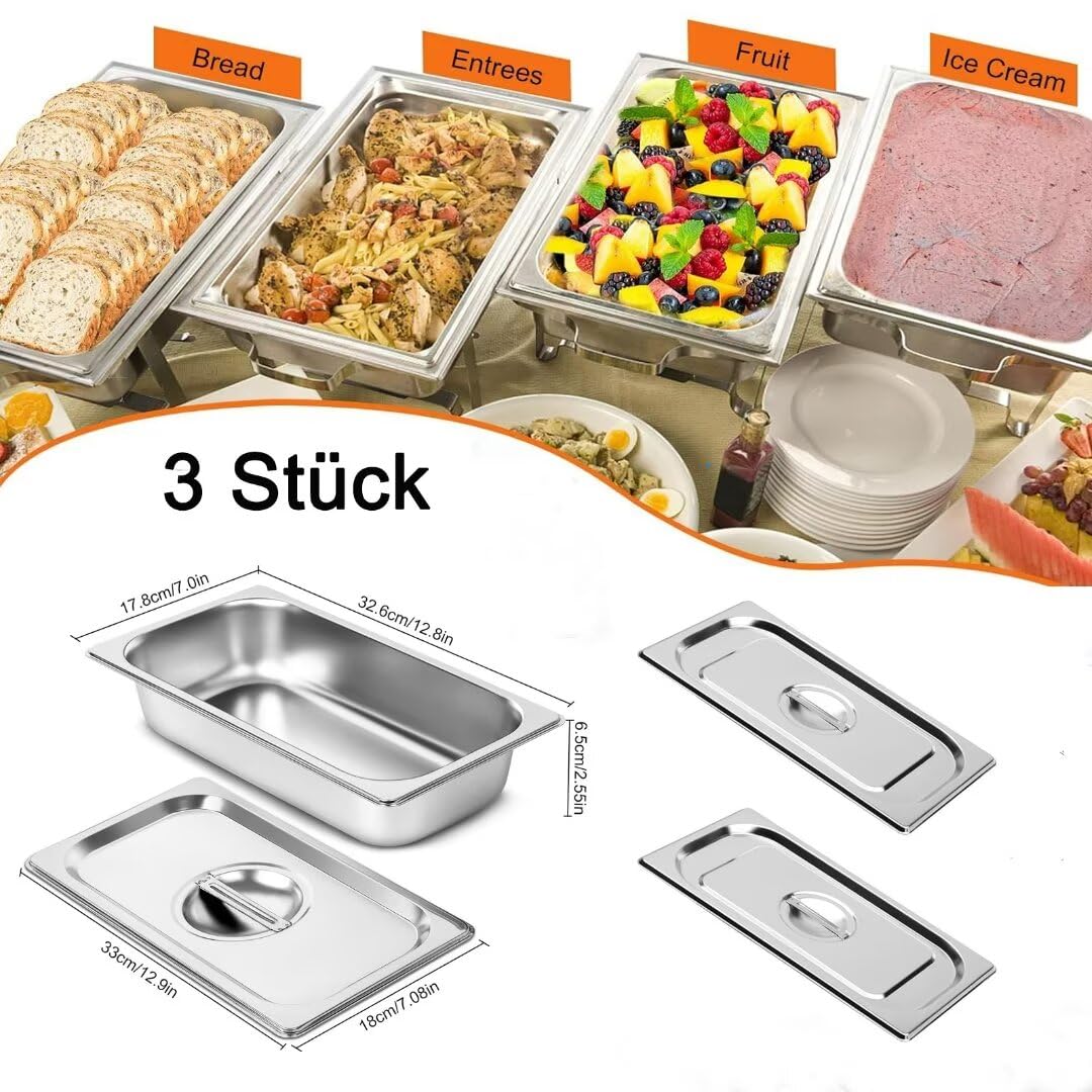 3 recipientes de acero inoxidable 1/3 con tapa, 65 mm de altura, recipiente para alimentos apto para alimentos, recipientes gastronorm de acero inoxidable, resistentes al calor, 32,6 x 17,8 x 6,5cm