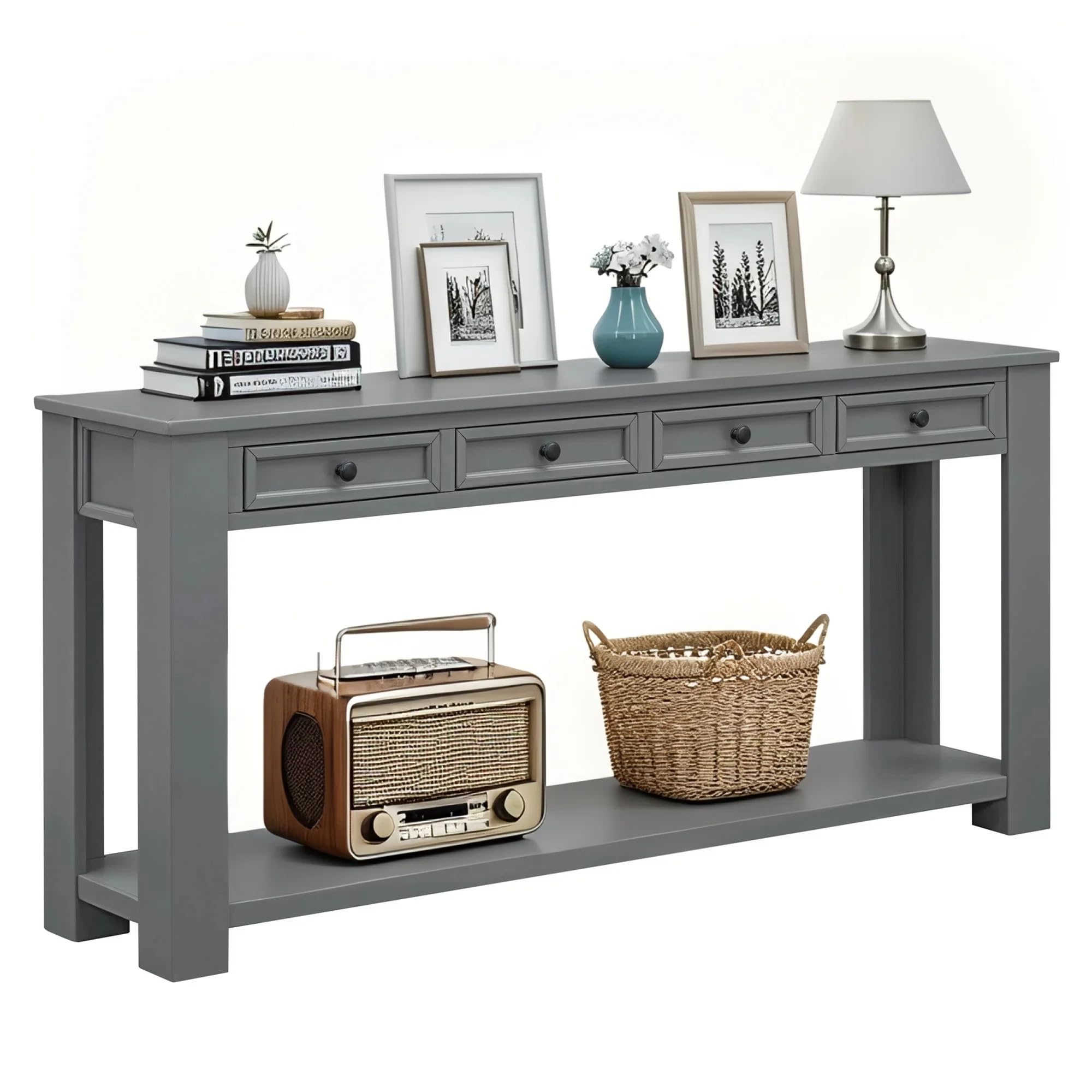 LKTART Solid Wood Console Table 63 in Long Sofa Table Entryway Table with 4 Drawers and Bottom Shelf for Hallway Living Room Couch Table,Easy