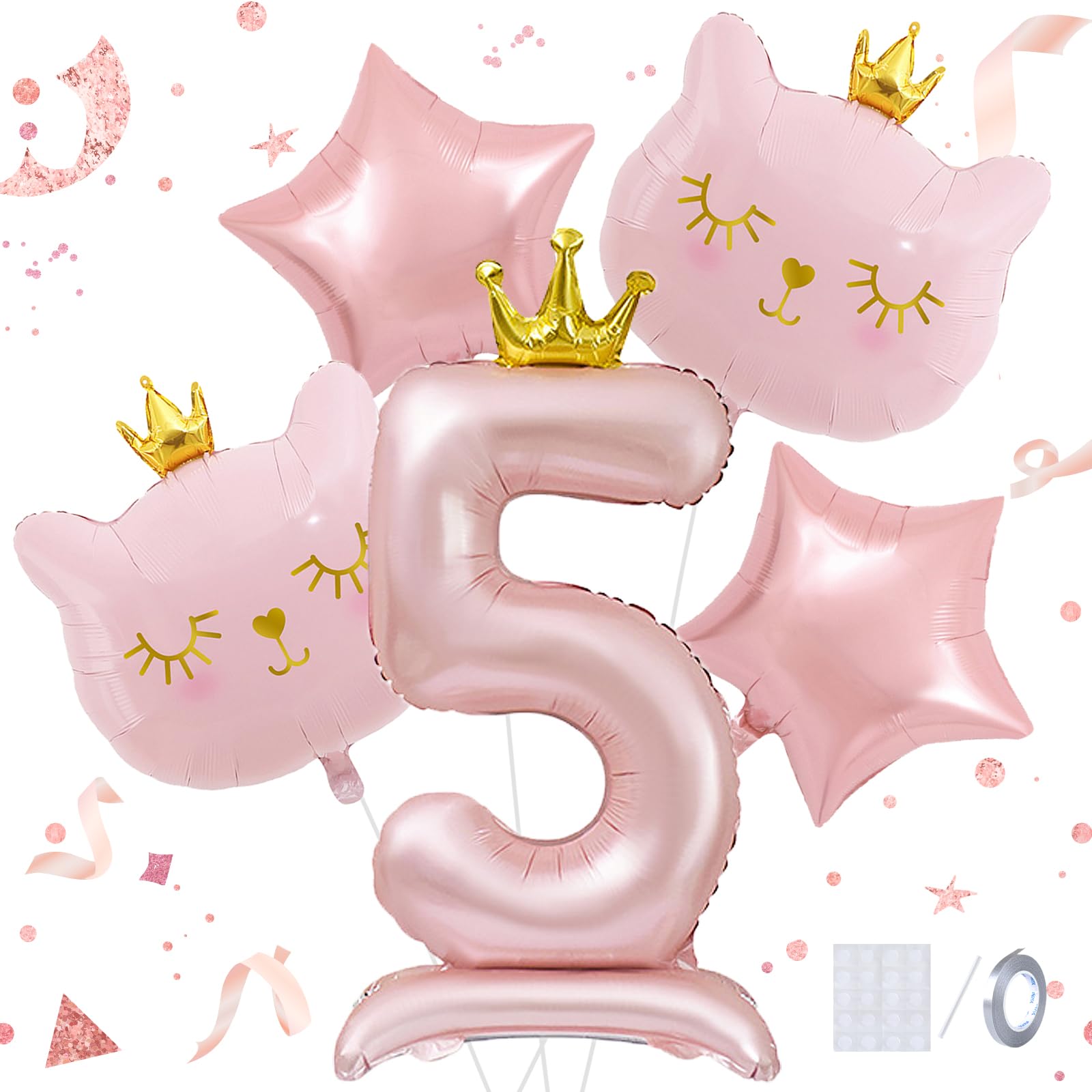 Panouo Pink Cat Balloon Set, Crown Cat Foil Balloon, 5 Year Old Girl Birthday Party Decoration, Cat Theme Party Decoration, Theme Party Supplies for