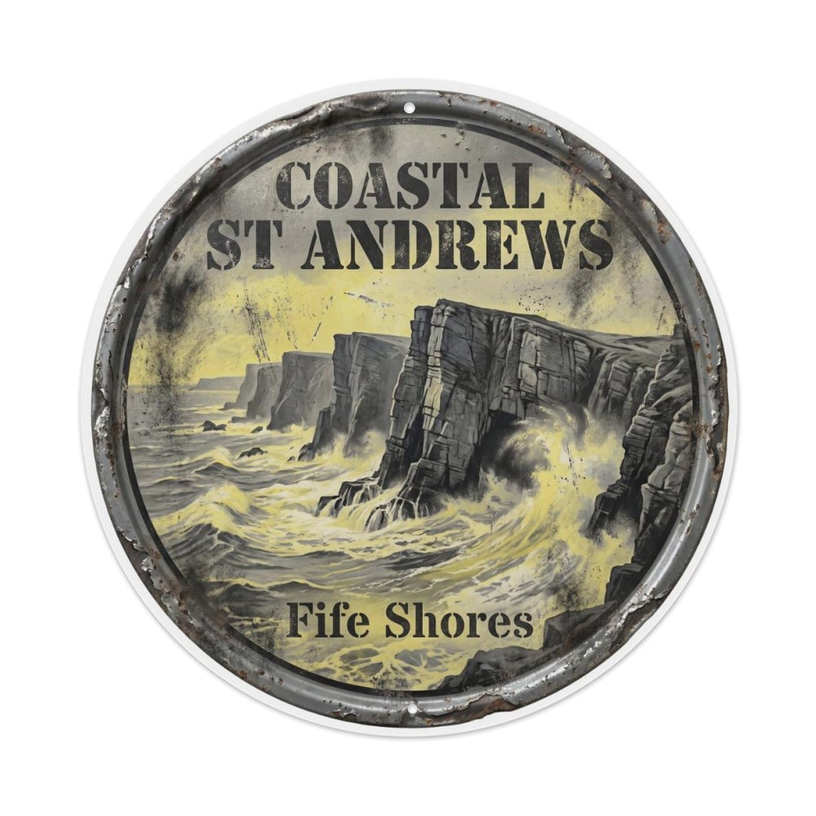 Vintage Travel Andrews Coast Scotland Metal Tin Sign Plaque Wall Decor for Cafe, Club Bar, Office, Home Garden Round Metal Poster 8x8Inch