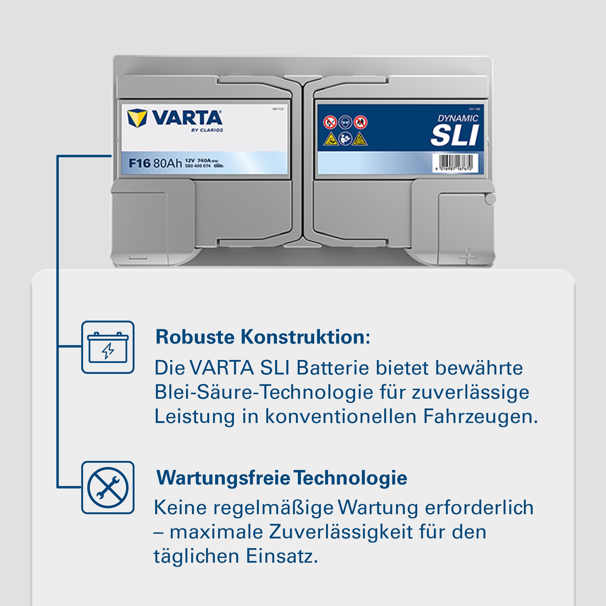 VARTA Automotive DYNAMIC SLI (F16) 12V 80Ah 740A - Nassbatterie KFZ mit Standardausstattung & ohne Start-Stopp System - Starterbatterie für einfachen Energiebedarf - Bleisäurebatterie wartungsfrei | Starterbatterie Standardausstattung & ohne Start-Stopp S