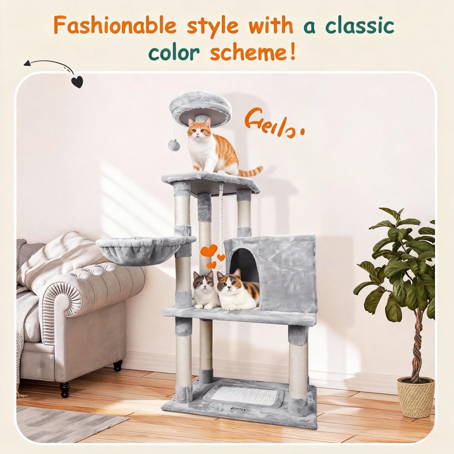 Nobleza Tiragraffi per Gatti Adulti148 cm, Tiragraffi con Amaca, 9 Pali Sisal, 2 Piattaforme, Pompon e Cuscino, Gioco per Gatti Adulti, Grigio