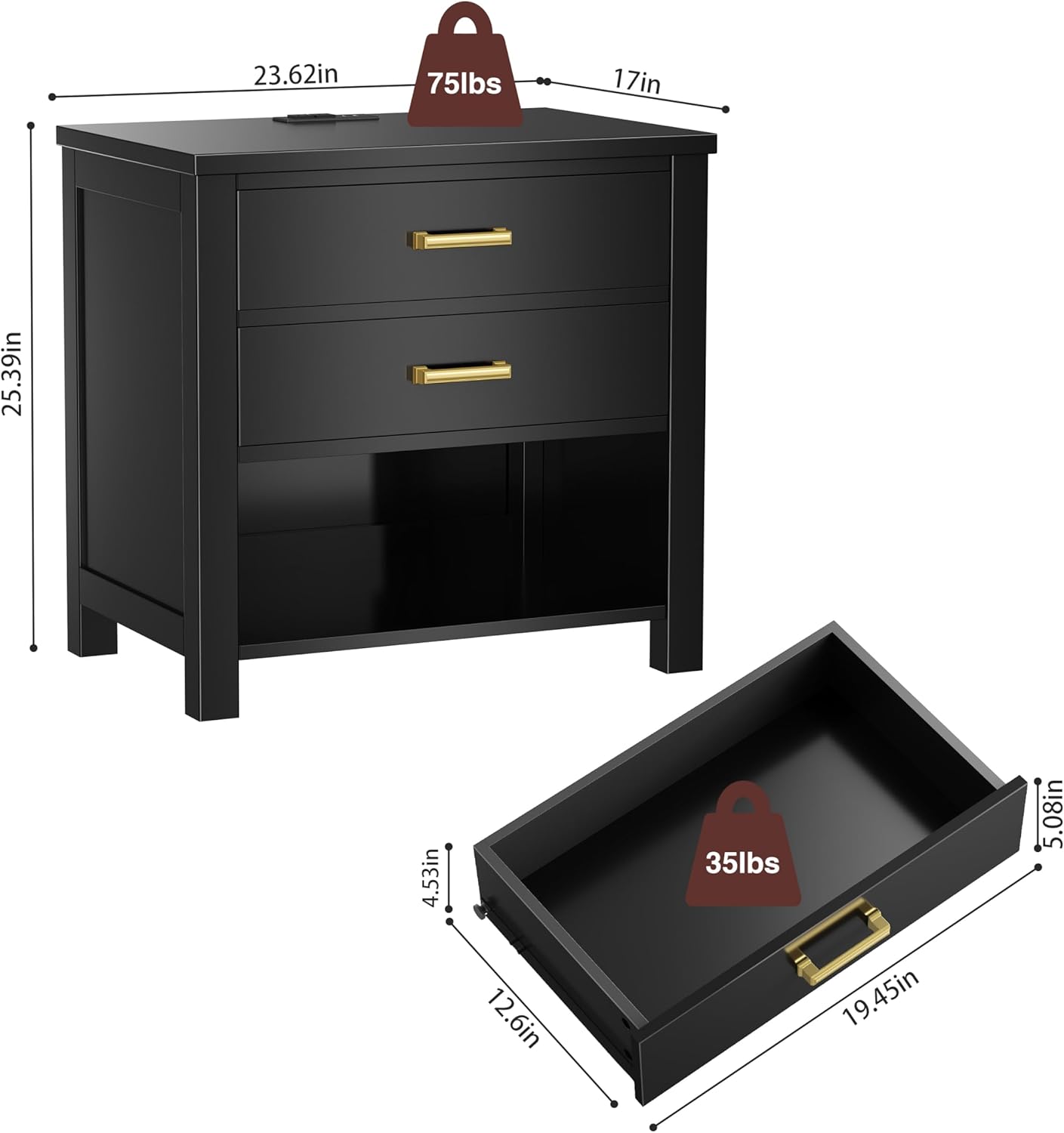 24" Solid Wood Nightstand with Charging Station Set of 2, End Table with 2 Drawers and Open Shelf, Bedside Table with Storage, Modern Side Table for Bedroom, Metal Knobs (2, Black)
