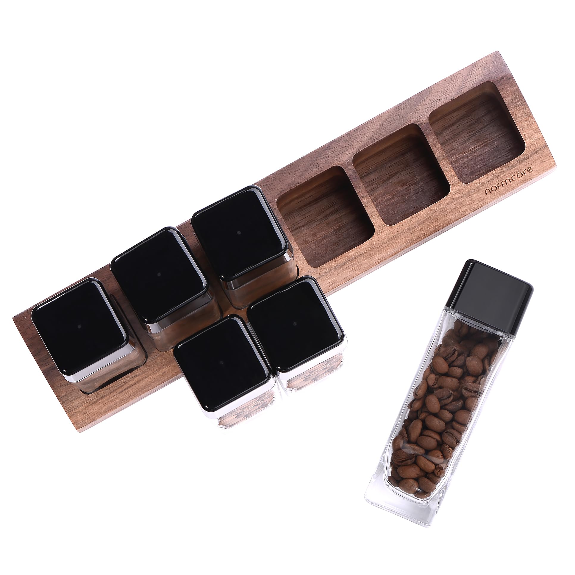 Normcore 6 Tubi di Caffè Espresso Monodose, Cantine per Chicchi, Fiala con Valvola di Scarico Unidirezionale, Capsule in Vetro con Espositore in Vero Noce Americano