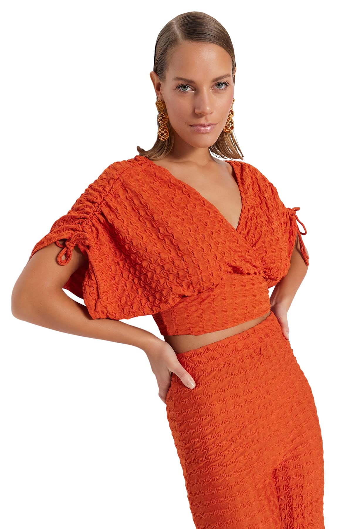 Trendyol Women Regular fit Basic V Neck Woven Blouse,Tile,42