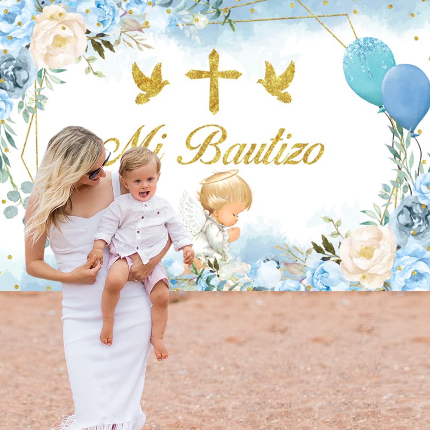 Mi Bautizo Telón de Fondo 2,2x1,5m, Globo de Flores Azules Dorado Primera Comunión Vinilo Fondo de Fotografía para Niño Comunión Bautismo Baby Shower Fiesta Fotomatón Accesorios