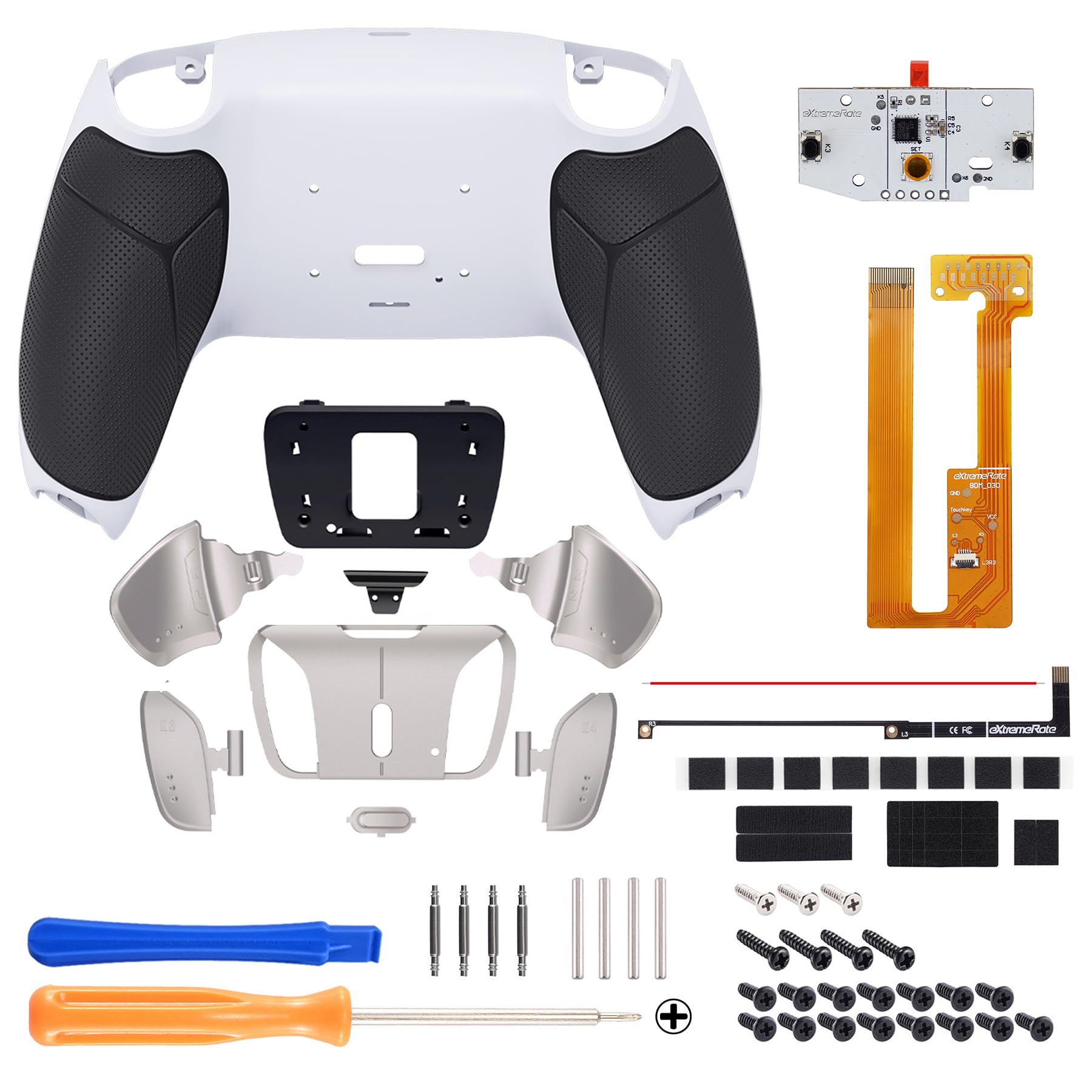eXtremeRate RISE4 Remap Kit,Coque Arrière Redessinée avec 4 Palette Métal pour ps5 Manette BDM-030/040/050, Palette Métallique (RMB) Version, Fond Blanc et Argent en Métal