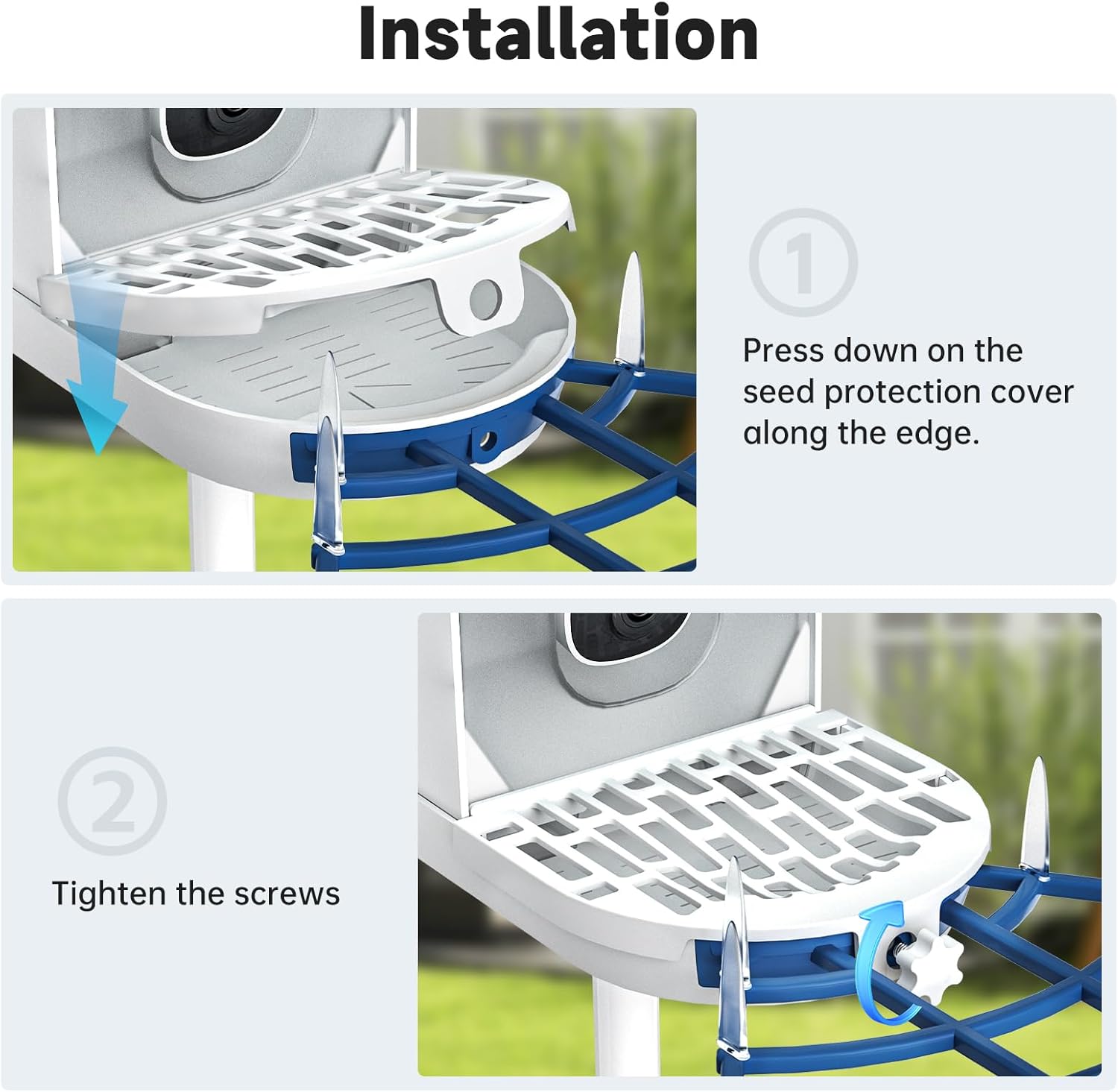 Two-step installation guide for the NAVFS Bird Seed Guard. Step 1 shows pressing down the cover, and Step 2 shows tightening screws.