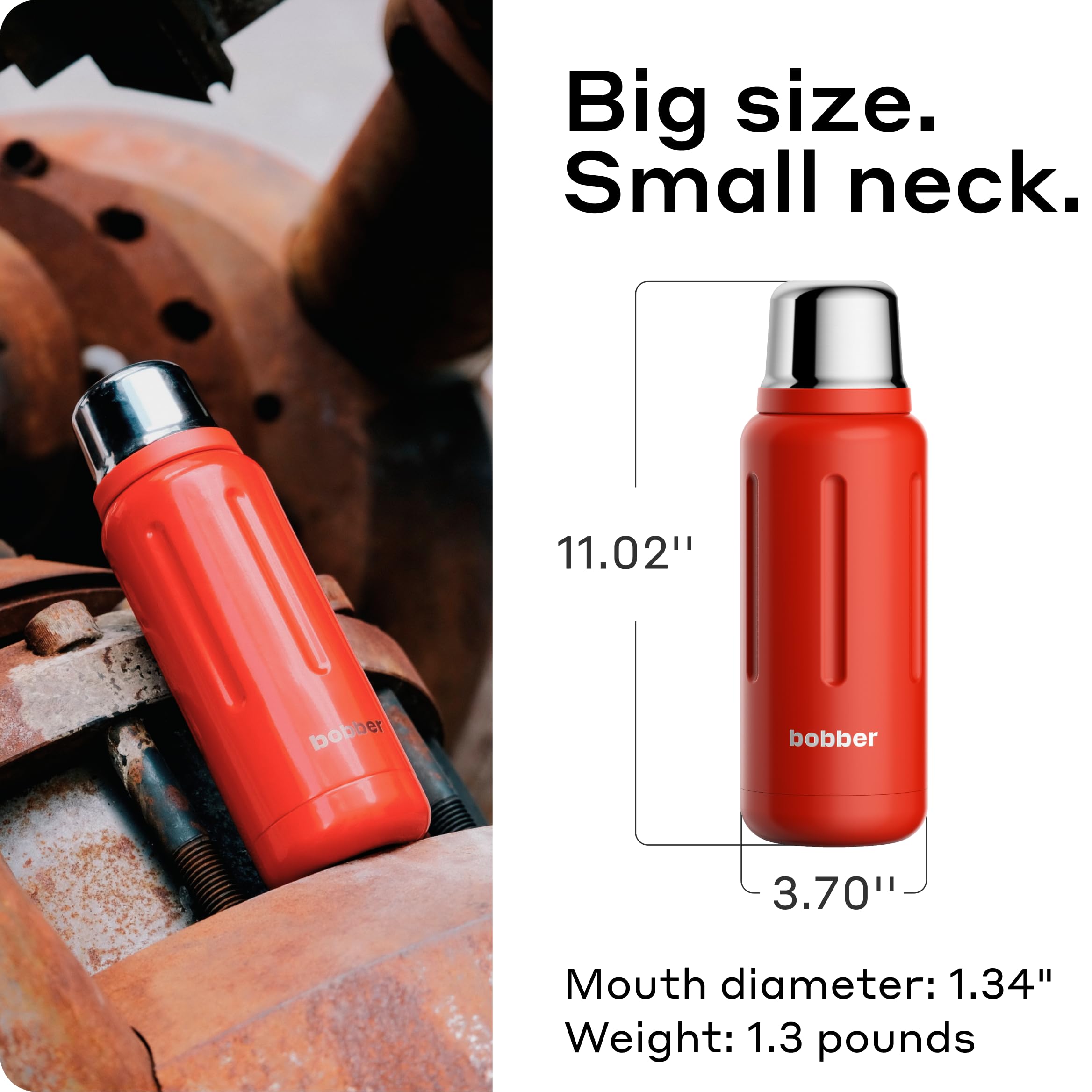 BOBBER 1000 ml Edelstahl Thermoflasche für heißen Tee, Kaffee und kalte Getränke – BPA-frei, spülmaschinenfeste, vakuum-isolierte Wasserflasche für heiße Getränke – Hält 48 Stunden lang heiß (Rot)