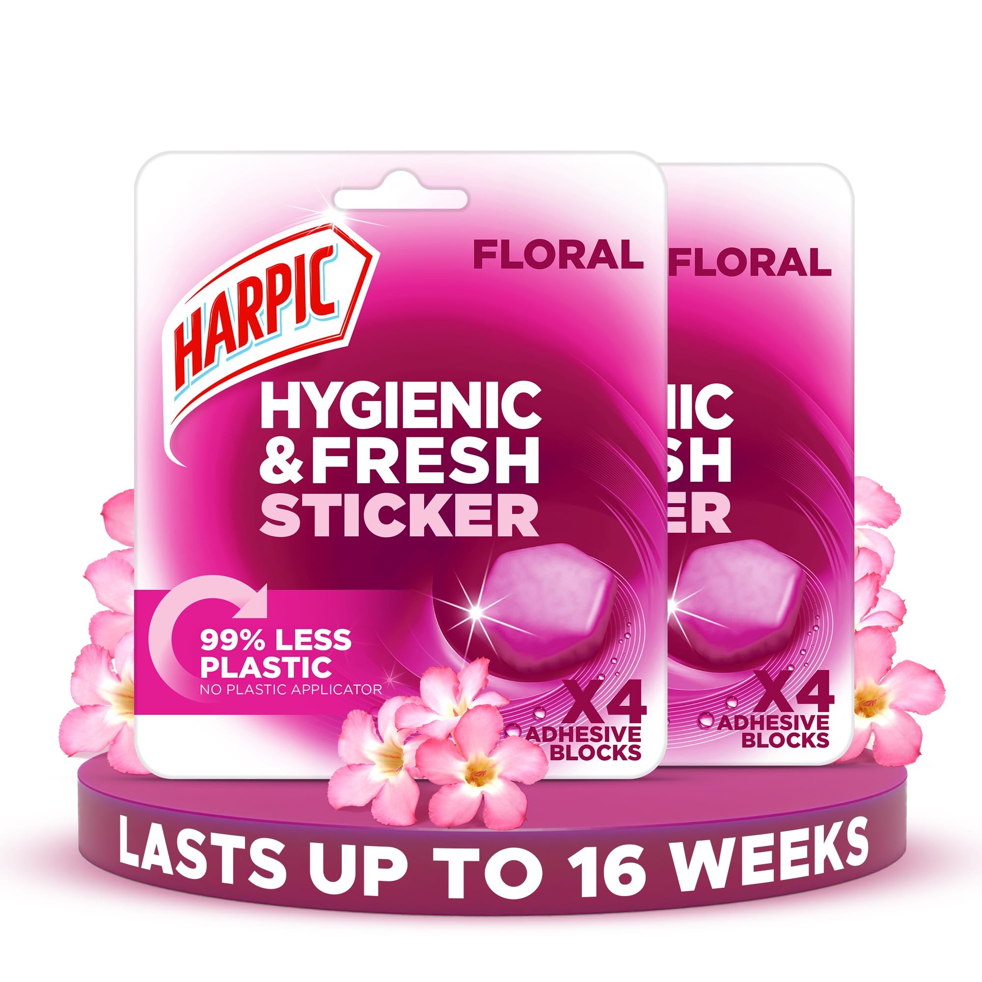Harpic Hygienic Fresh Sticker Adhesive Toilet Block, Floral, Pack 2 x 4 Stickers, Toilet Freshener, No Plastic Applicator, Up to 16 weeks of Freshness