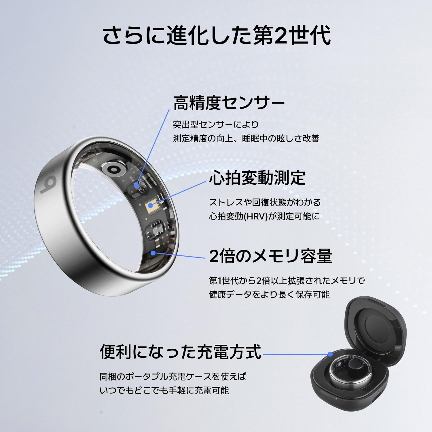 b.ring スマートリング G2 チタンモデル 健康管理 睡眠管理 AI分析 Android iPhone対応 専用アプリ 最大7日間持続 IP68 5ATM 防水 歩数計 超軽量 ポータブル充電ケース付き (シルバー, US12号 日本基準26〜28号/内周67.5mm) - 2