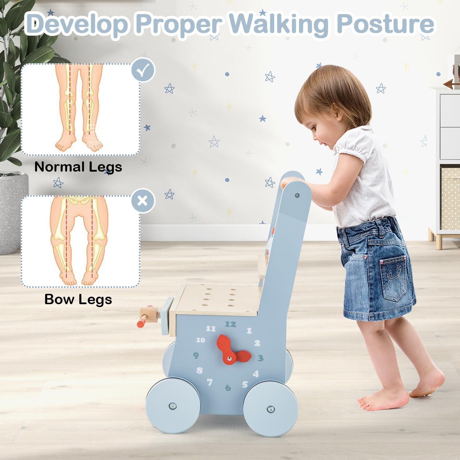 LIFEZEAL Chariot de Marche Bébé en Bois, Trotteur Bebe Evolutif avec Rangement & 12 Jouets Montessori, 4 Roulettes, Garçon Fille 3+ mois